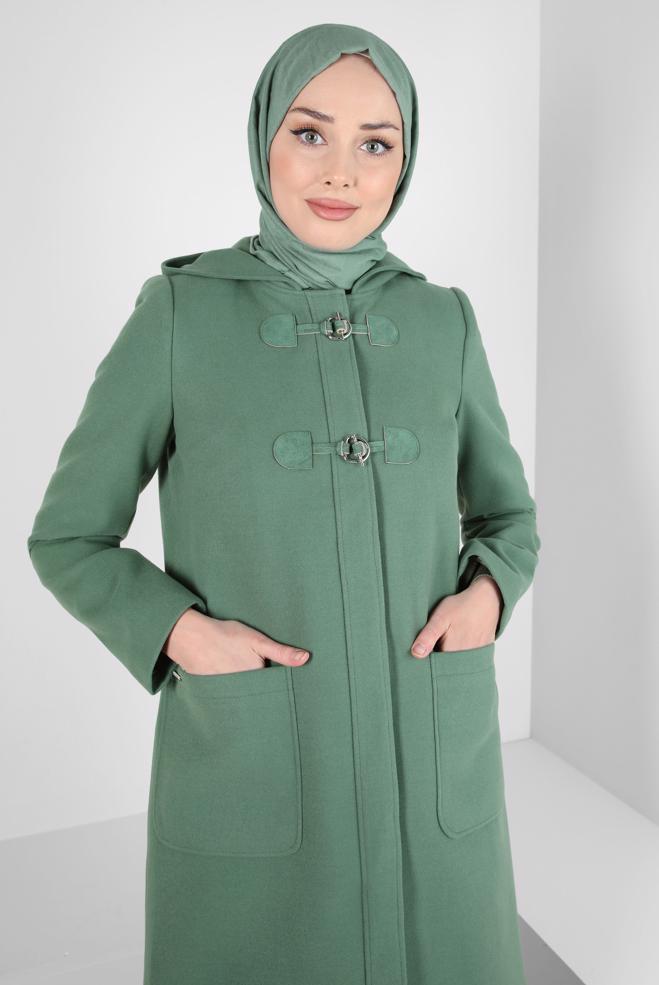 Tesettür giyim BEJ KAPÜŞONLU KABAN 90455 - ALVİNA