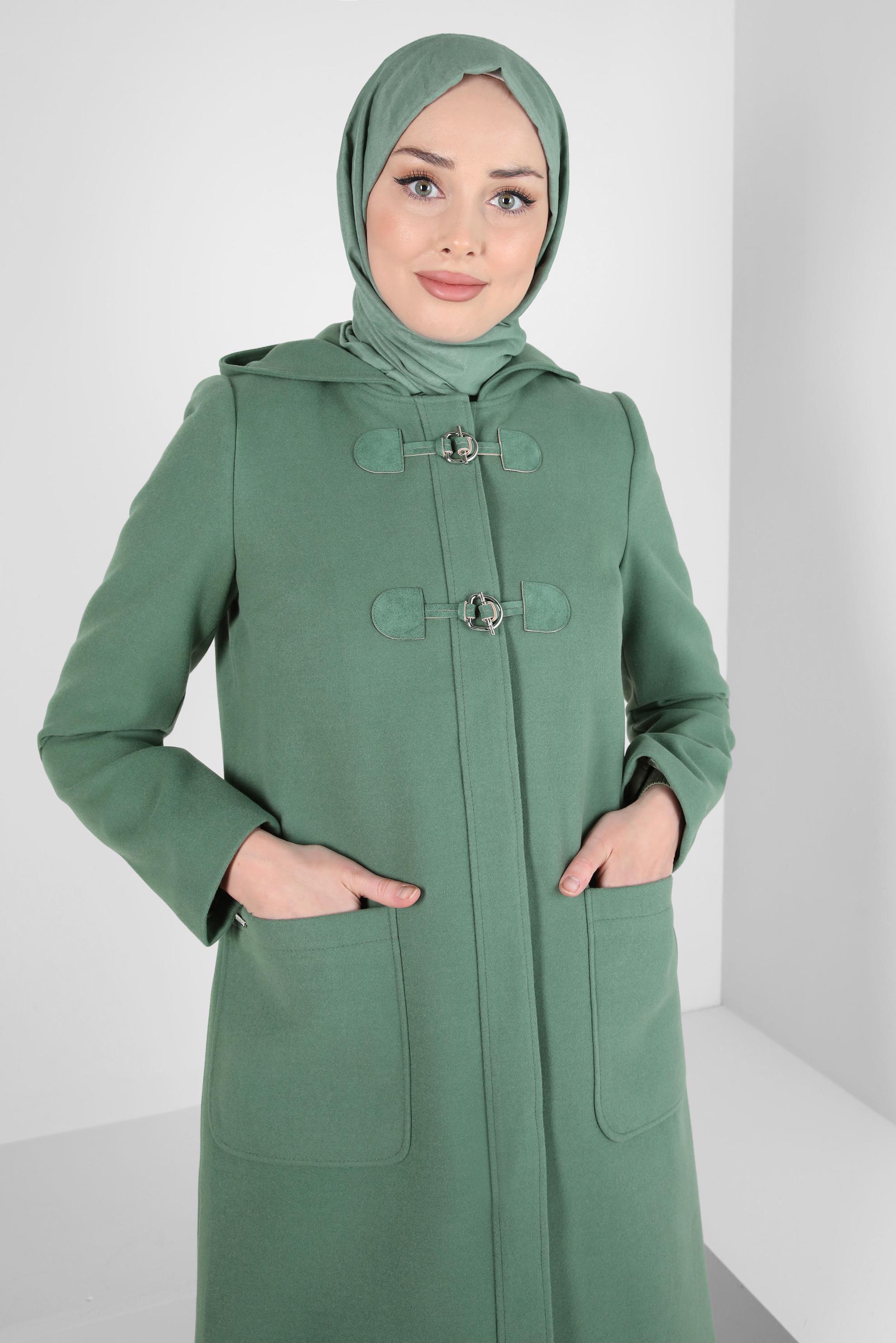 Tesettür giyim YEŞİL KAPÜŞONLU KABAN 90455