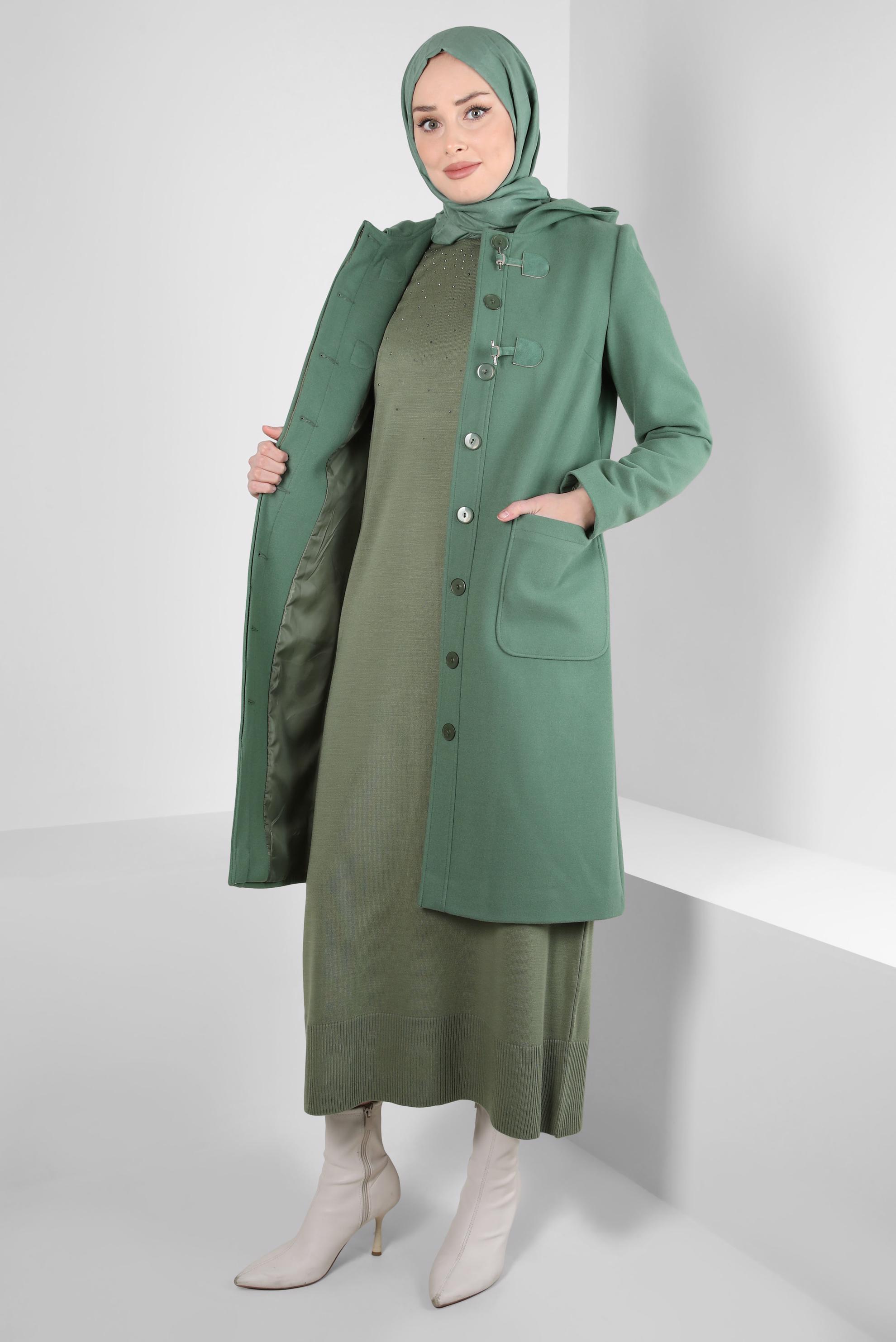 Tesettür giyim YEŞİL KAPÜŞONLU KABAN 90455
