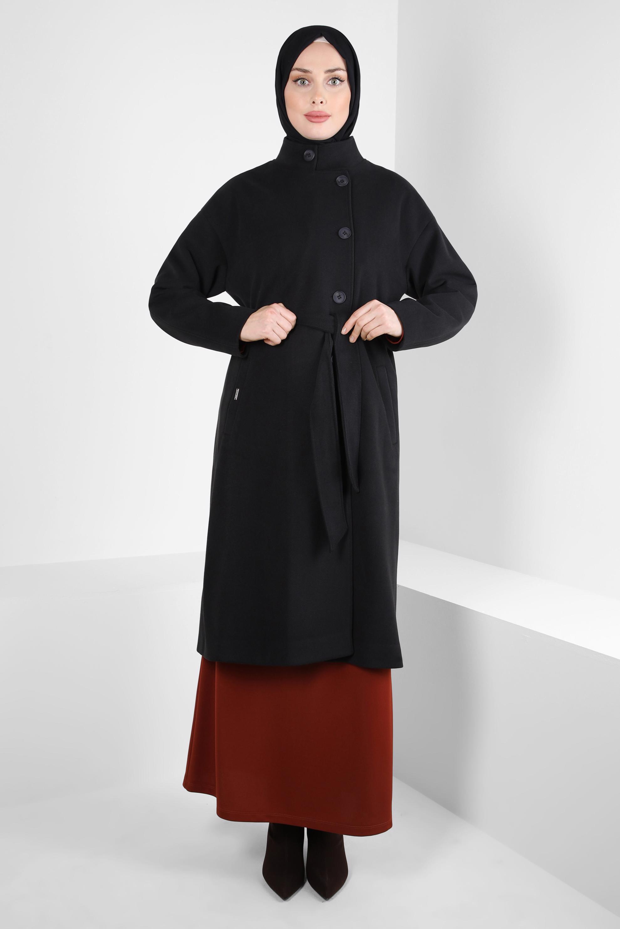 Tesettür giyim SİYAH KUŞAKLI KABAN 90457