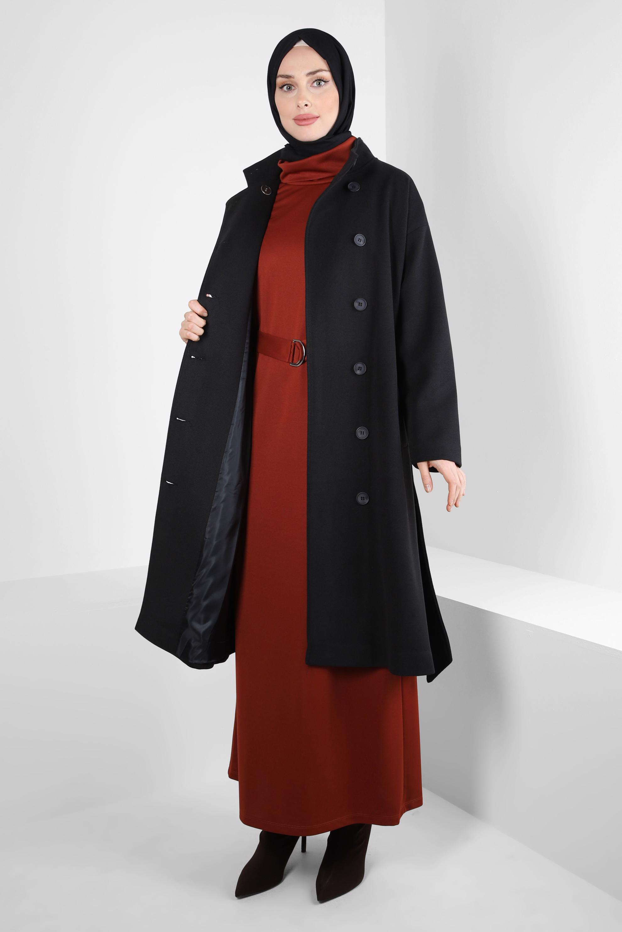 Tesettür giyim SİYAH KUŞAKLI KABAN 90457