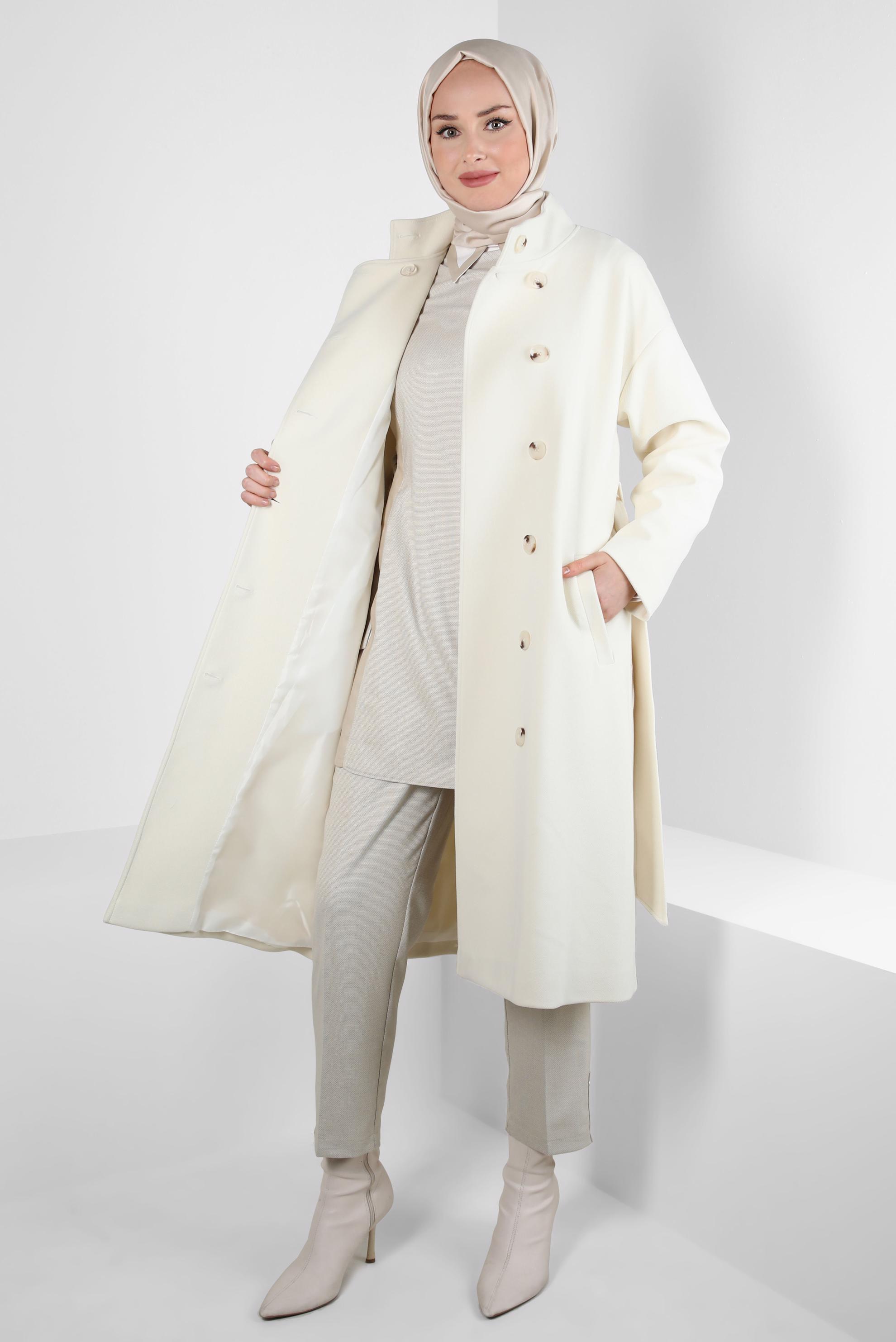 Tesettür giyim EKRU KUŞAKLI KABAN 90457
