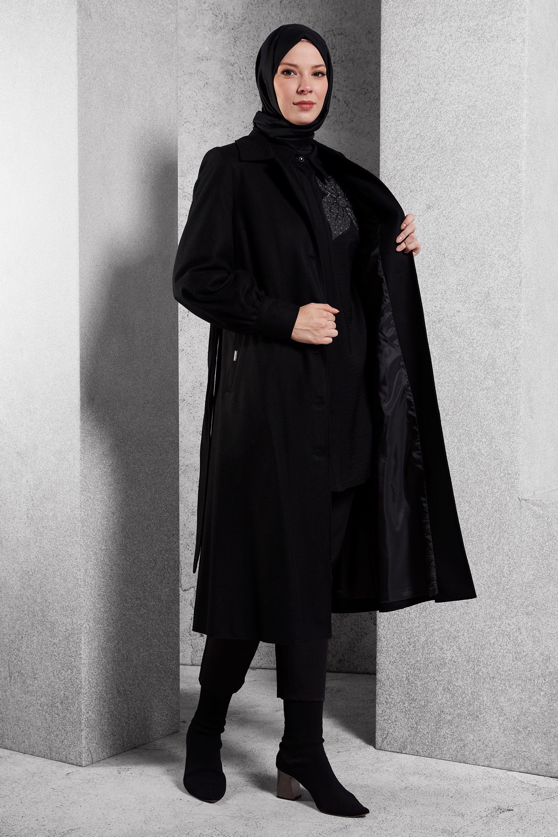 Tesettür giyim SİYAH KUŞAKLI KABAN 90458