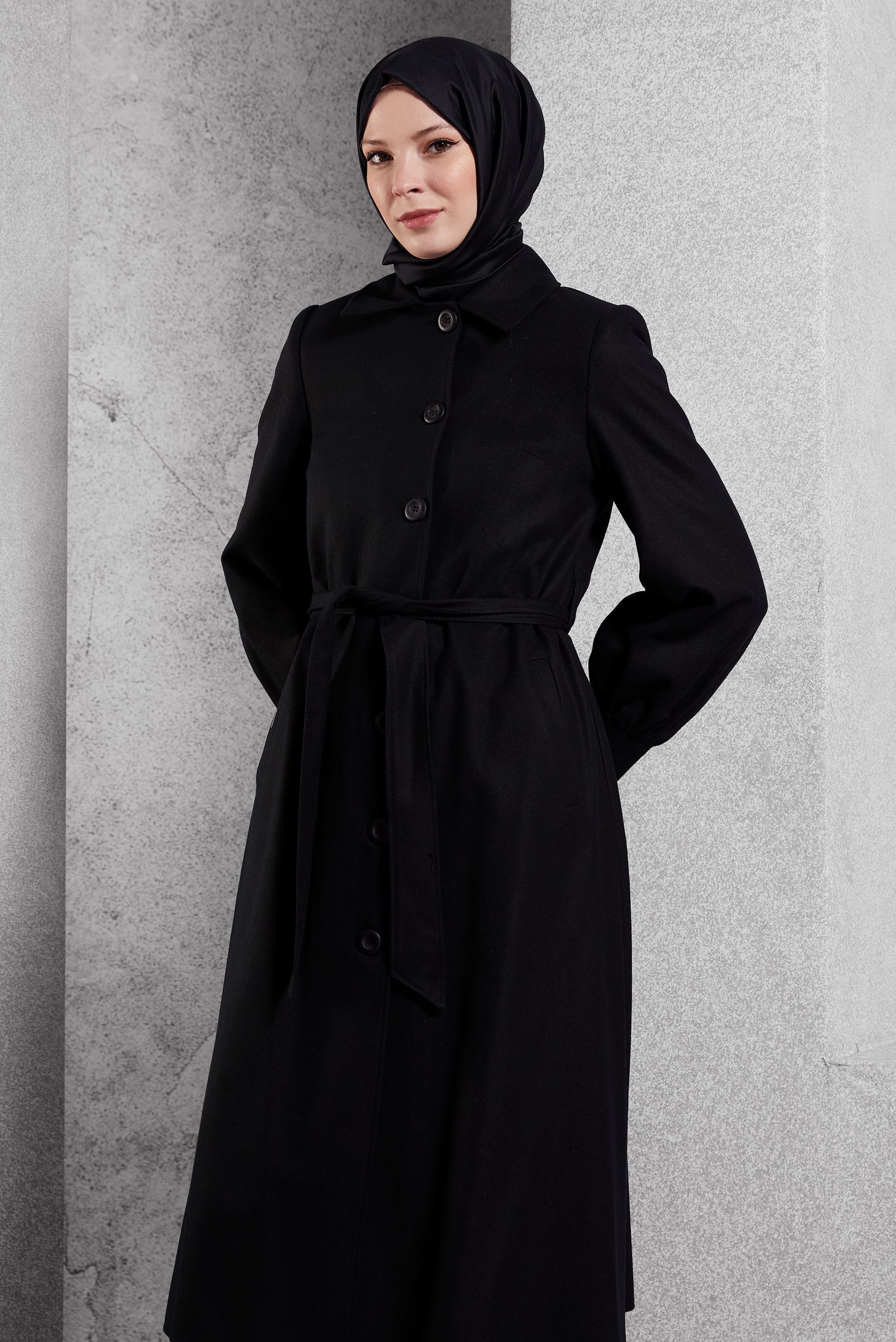 Tesettür giyim SİYAH KUŞAKLI KABAN 90458