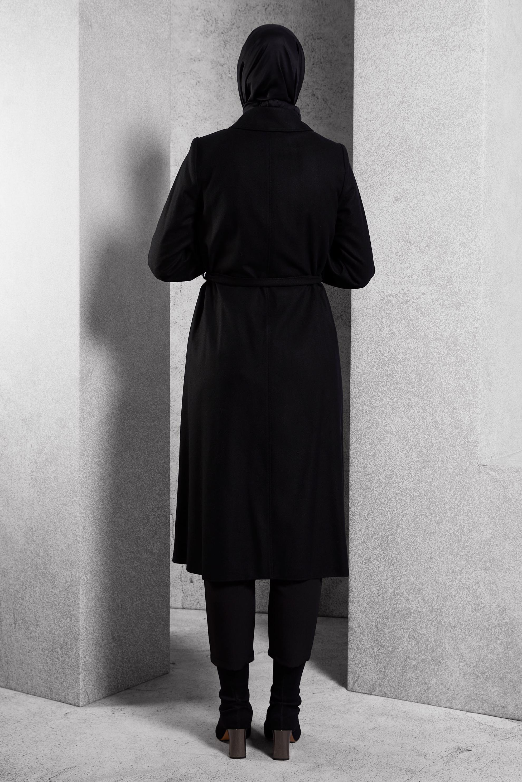 Tesettür giyim SİYAH KUŞAKLI KABAN 90458