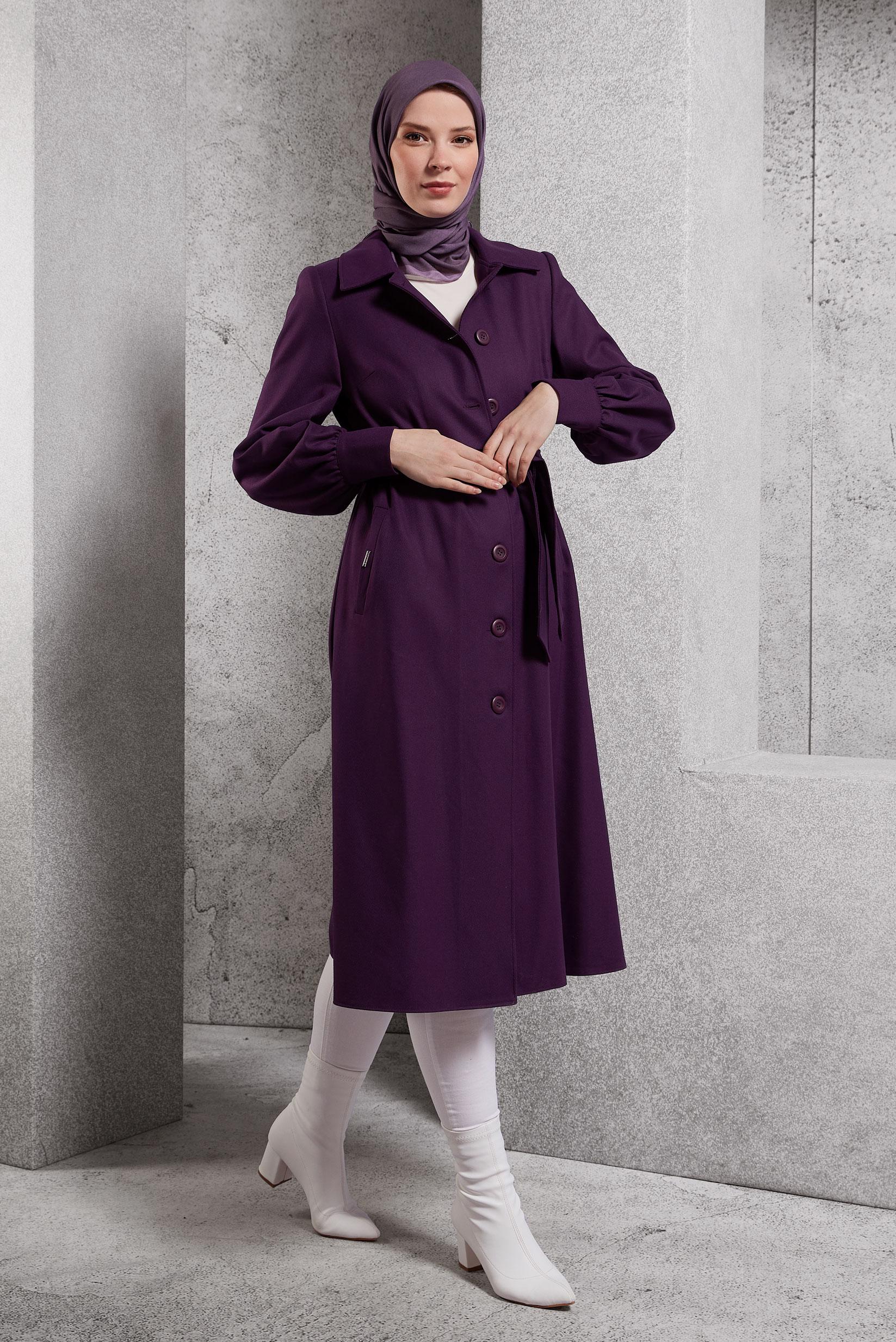 Tesettür giyim MOR KUŞAKLI KABAN 90458