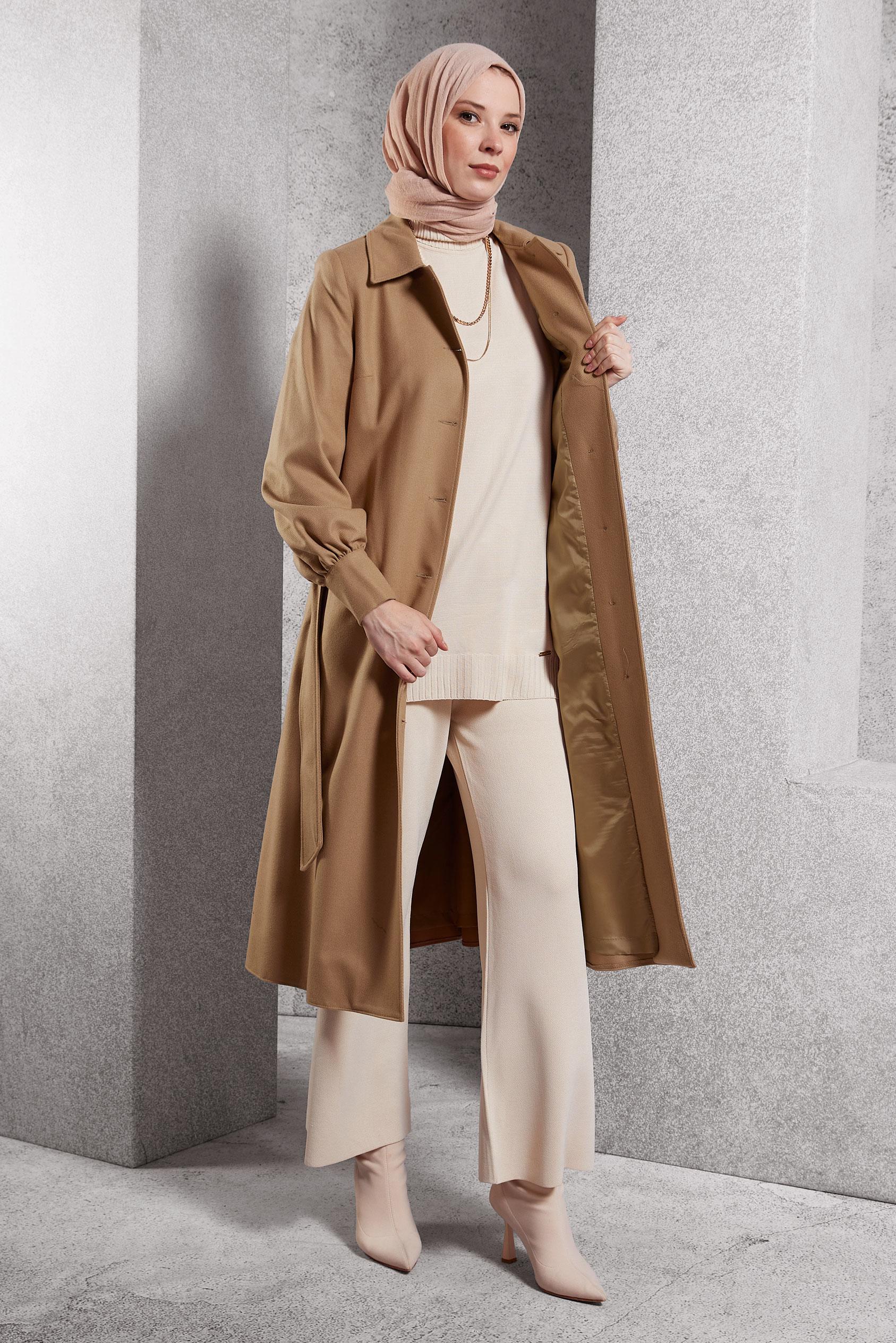 Tesettür giyim KAHVE KUŞAKLI KABAN 90458