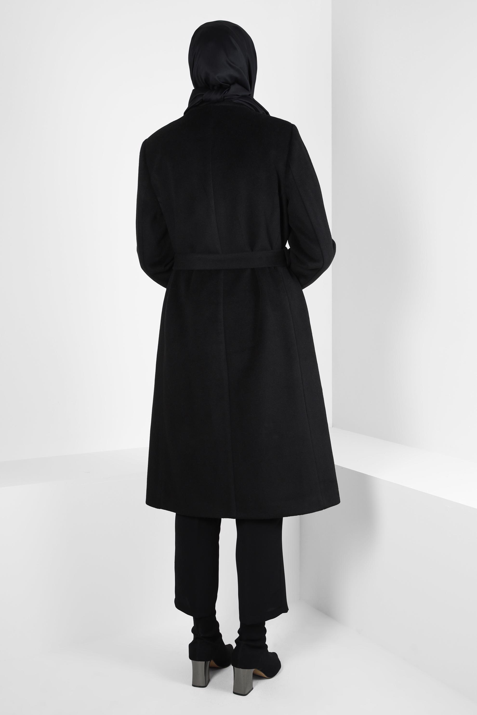 Tesettür giyim SİYAH KUŞAKLI CEPLİ KABAN 90459