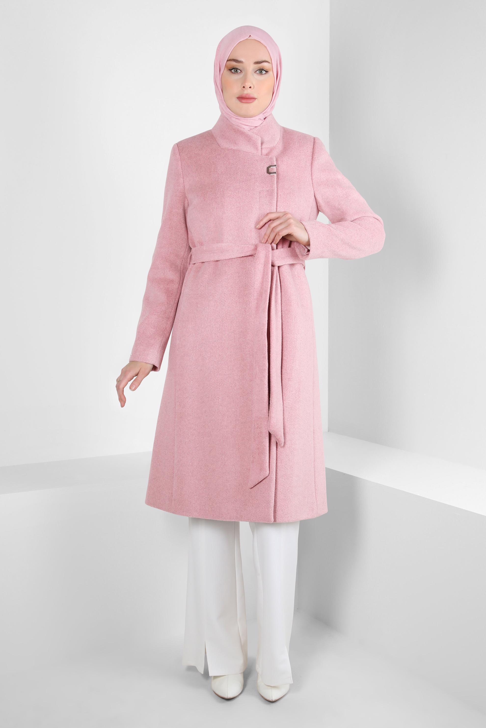 Tesettür giyim PUDRA KUŞAKLI CEPLİ KABAN 90459