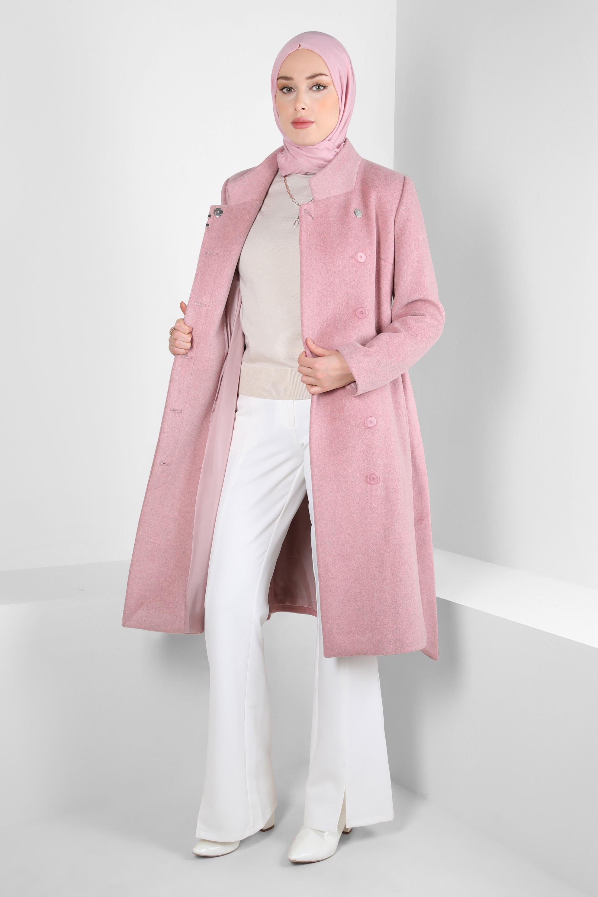 Tesettür giyim PUDRA KUŞAKLI CEPLİ KABAN 90459
