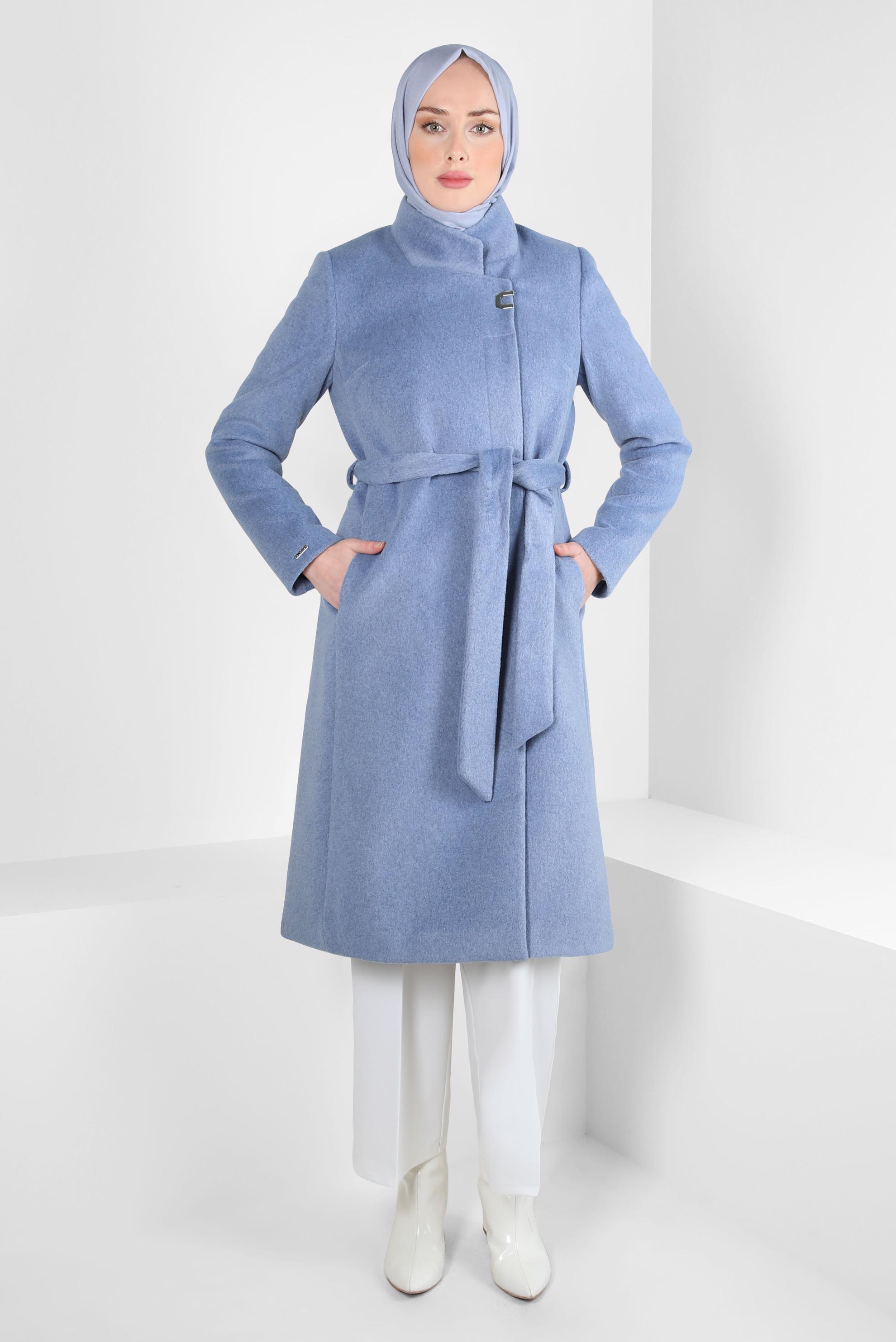 Tesettür giyim LACİVERT KUŞAKLI CEPLİ KABAN 90459