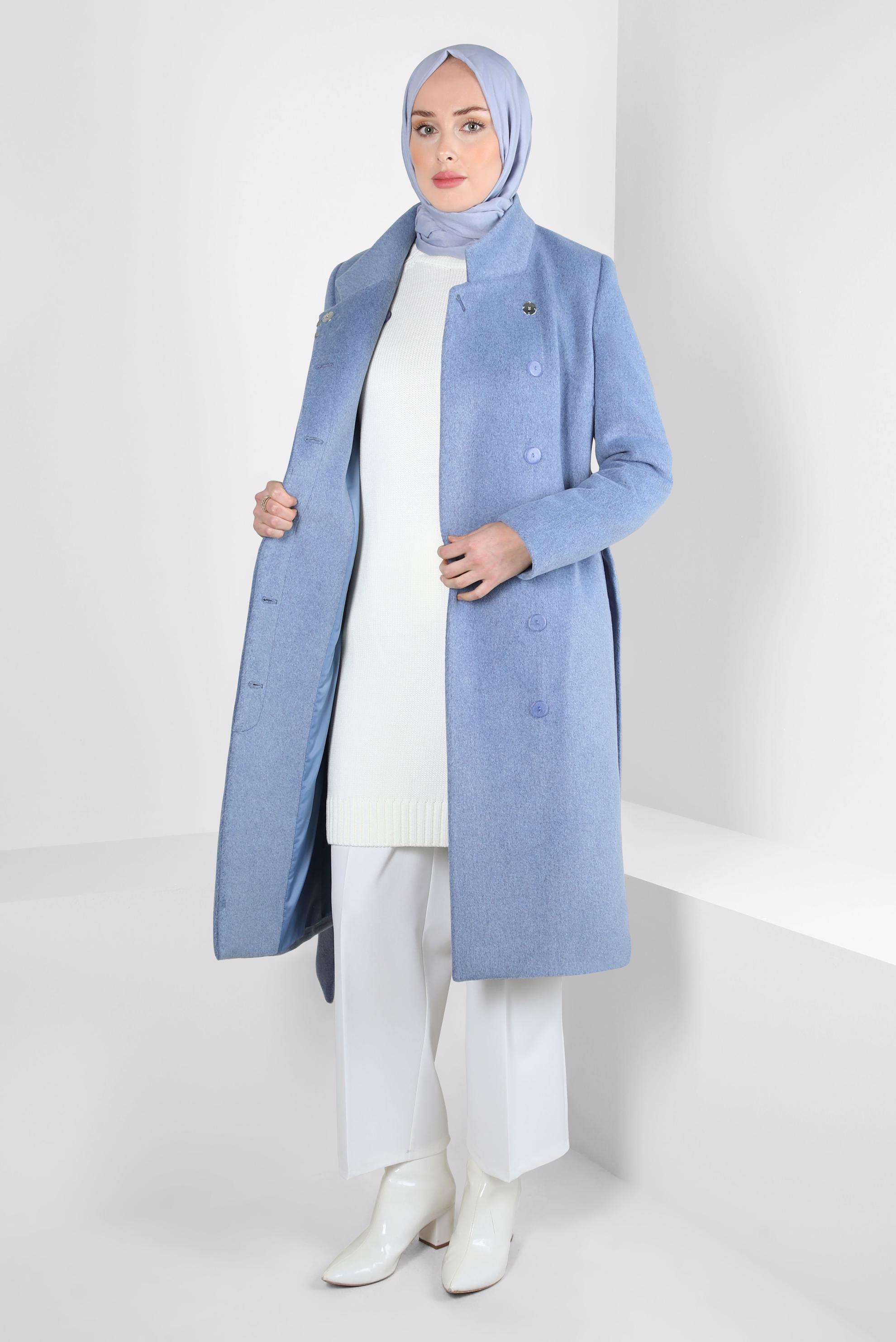 Tesettür giyim LACİVERT KUŞAKLI CEPLİ KABAN 90459