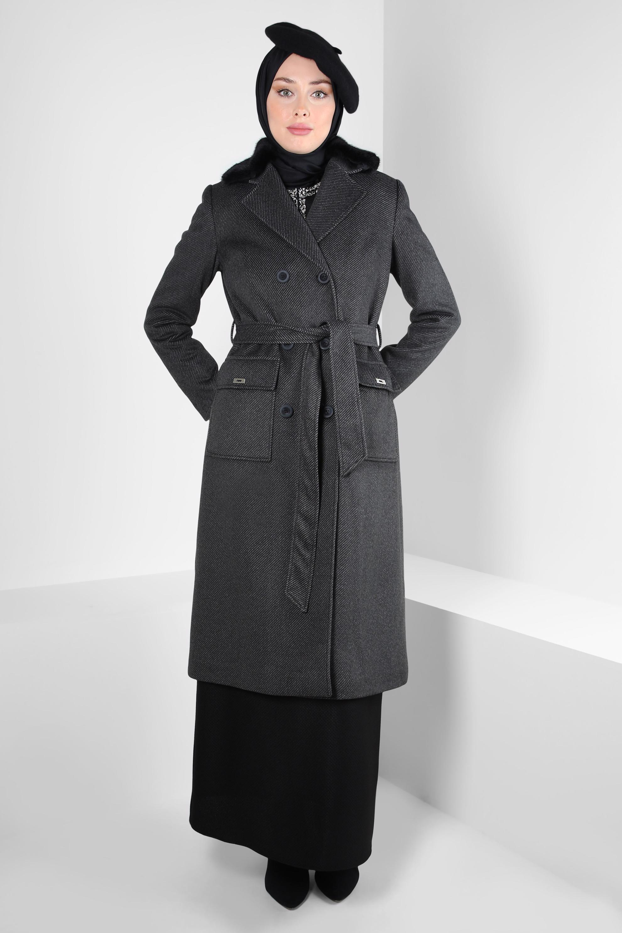 Tesettür giyim SİYAH KUŞAKLI KABAN 90463