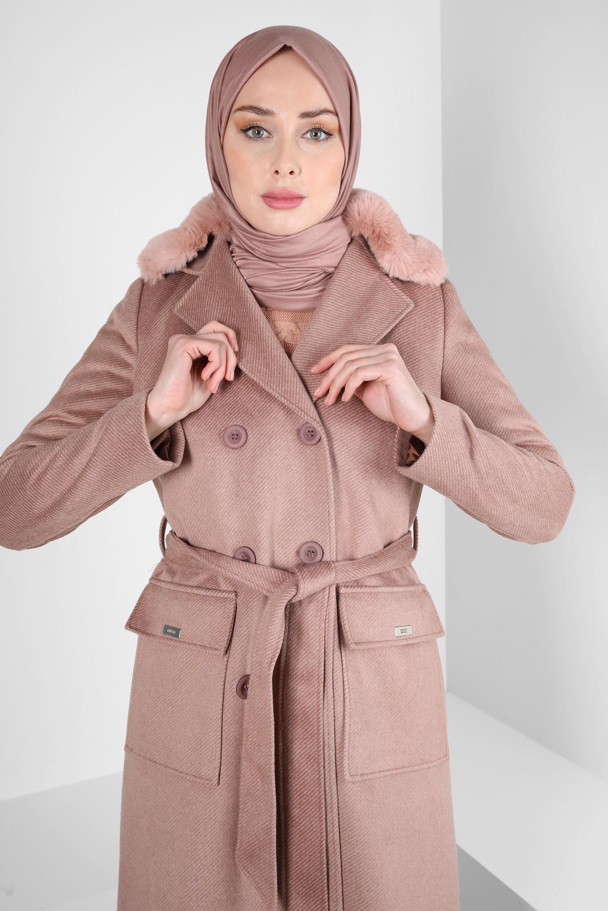 Tesettür giyim PUDRA KUŞAKLI KABAN 90463