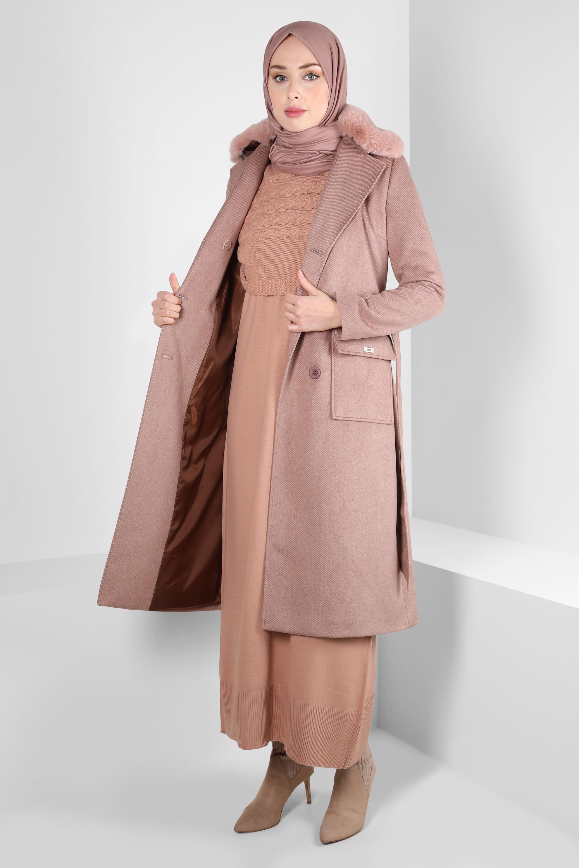 Tesettür giyim PUDRA KUŞAKLI KABAN 90463