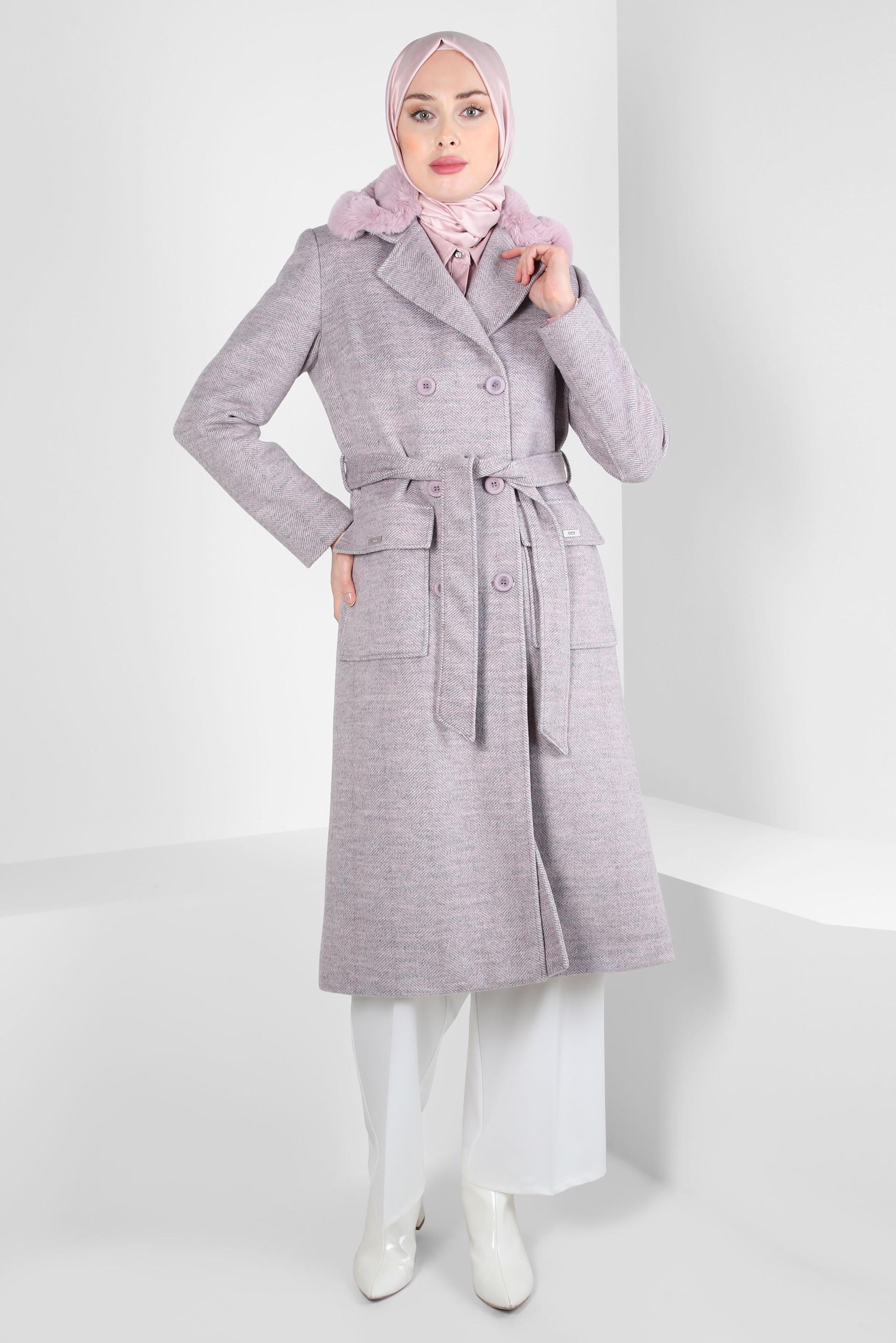 Tesettür giyim MOR KÜRK DETAYLI KUŞAKLI KABAN 90463-1
