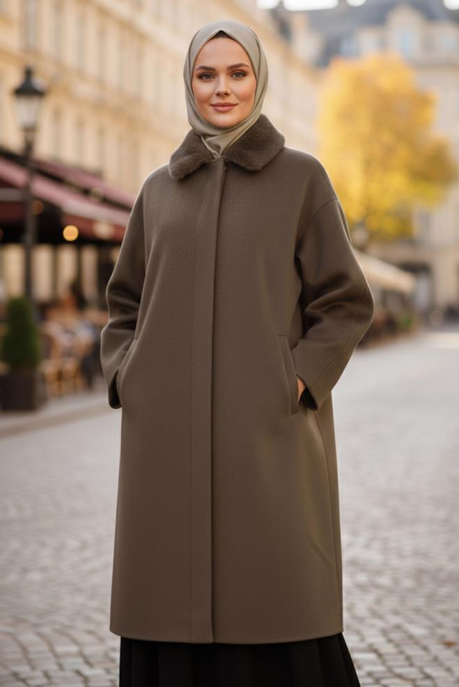 Hijab clothing BROWN COAT WITH FUR DETAIL 90464 - ALVİNA