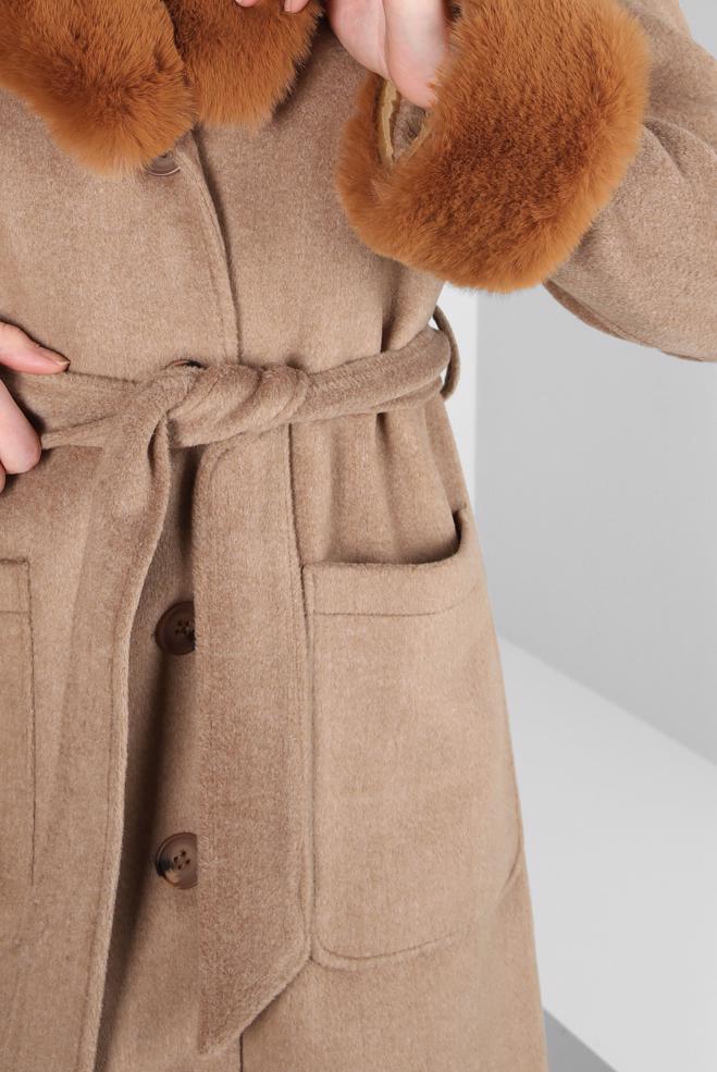 Tesettür giyim TABA KÜRK DETAYLI KUŞAKLI KABAN 90465 - ALVİNA