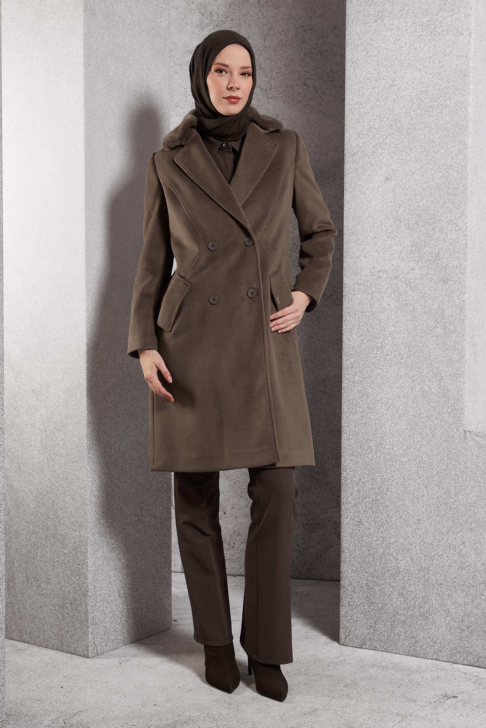 Tesettür giyim KAHVE SUNİ KÜRK YAKA KABAN 90466