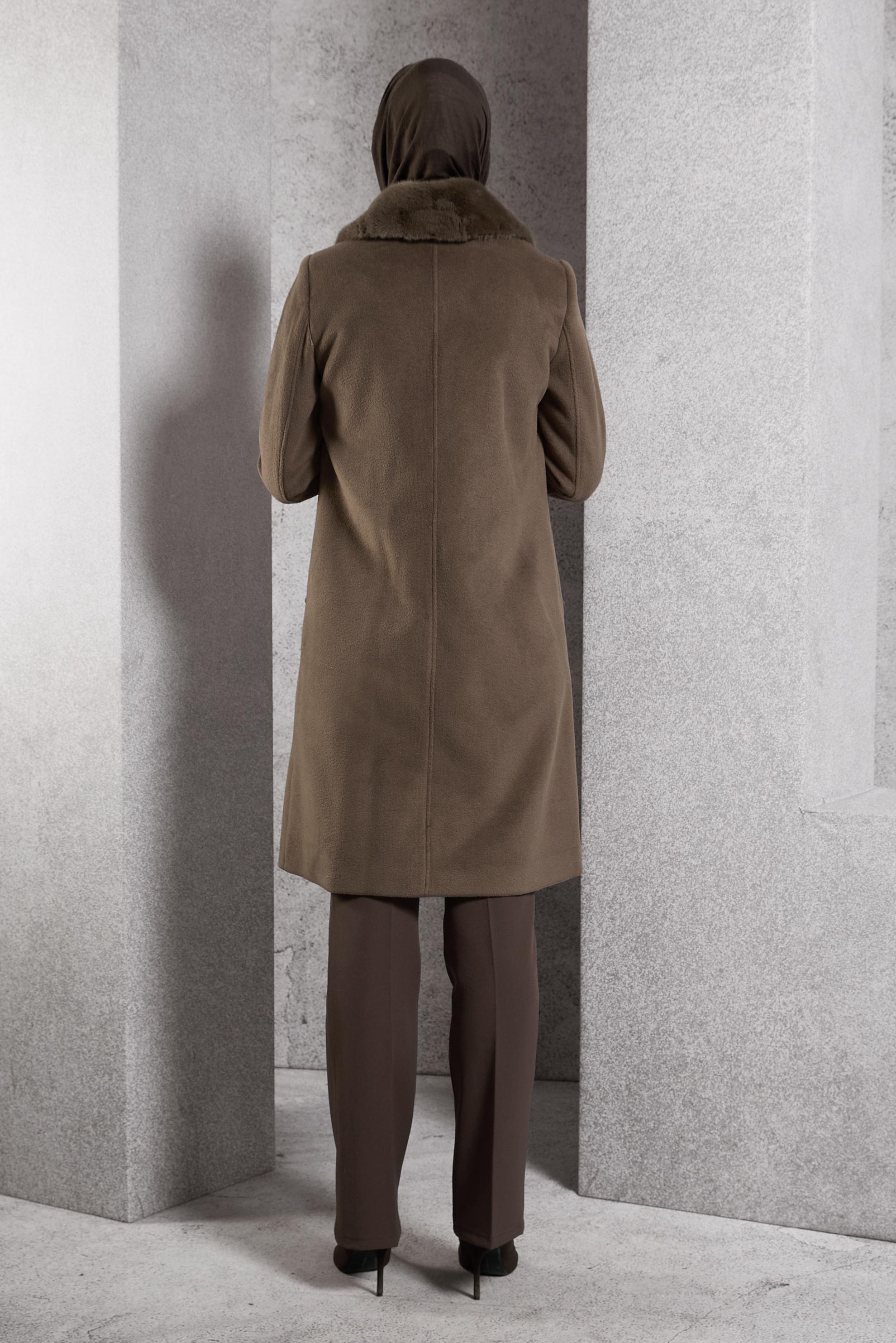 Tesettür giyim KAHVE SUNİ KÜRK YAKA KABAN 90466