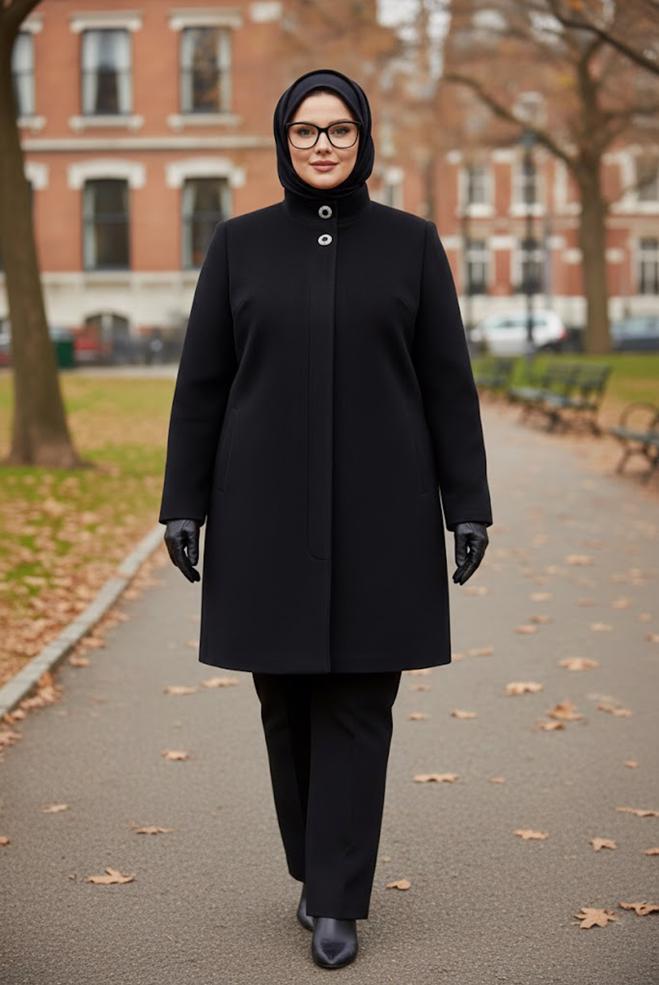 Tesettür giyim SİYAH DİK YAKA BÜYÜK BEDEN KABAN 90468 - ALVİNA