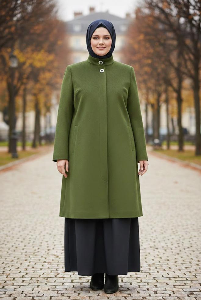 Tesettür giyim YEŞİL DİK YAKA BÜYÜK BEDEN KABAN 90468 - ALVİNA