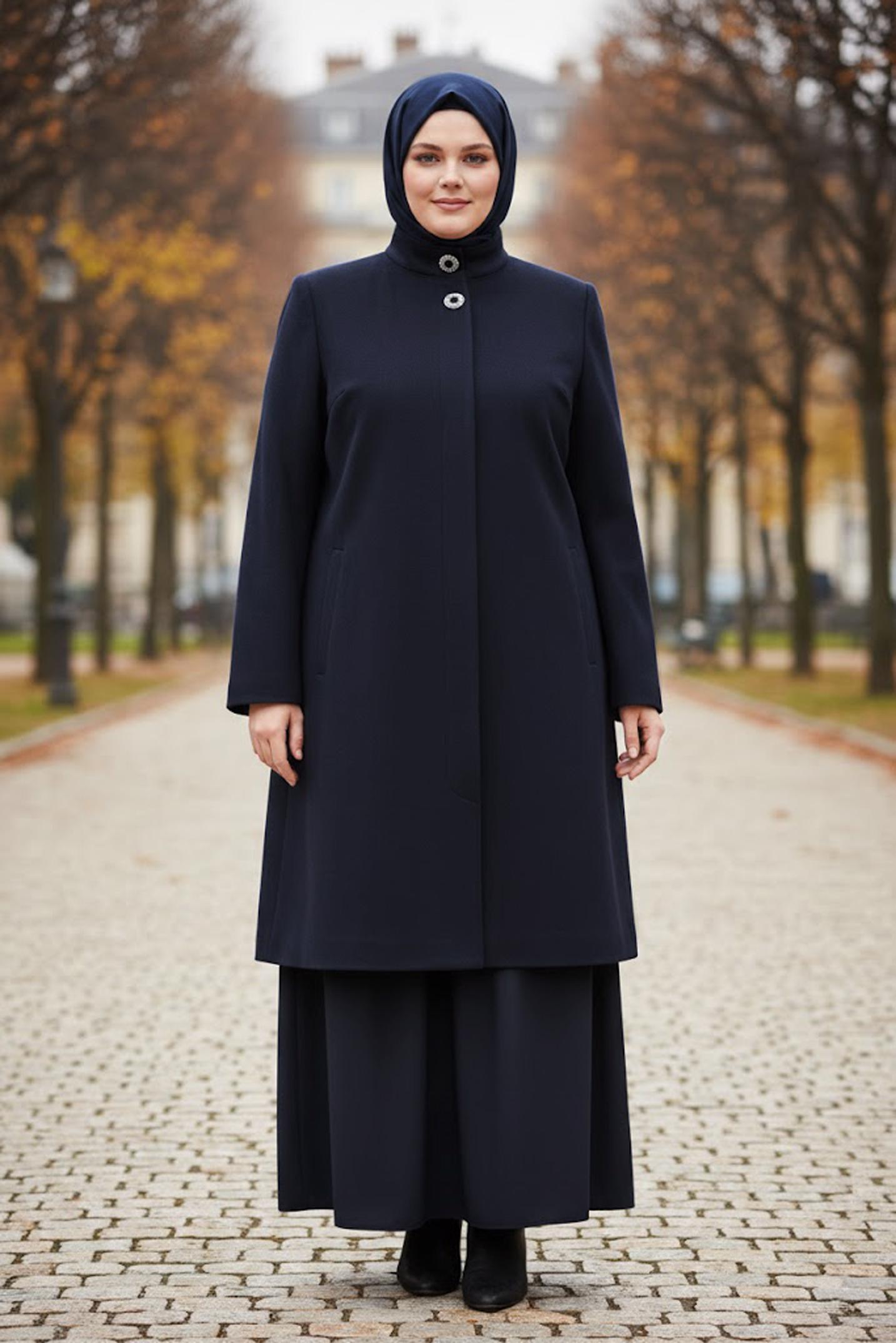 Tesettür giyim LACİVERT DİK YAKA BÜYÜK BEDEN KABAN 90468