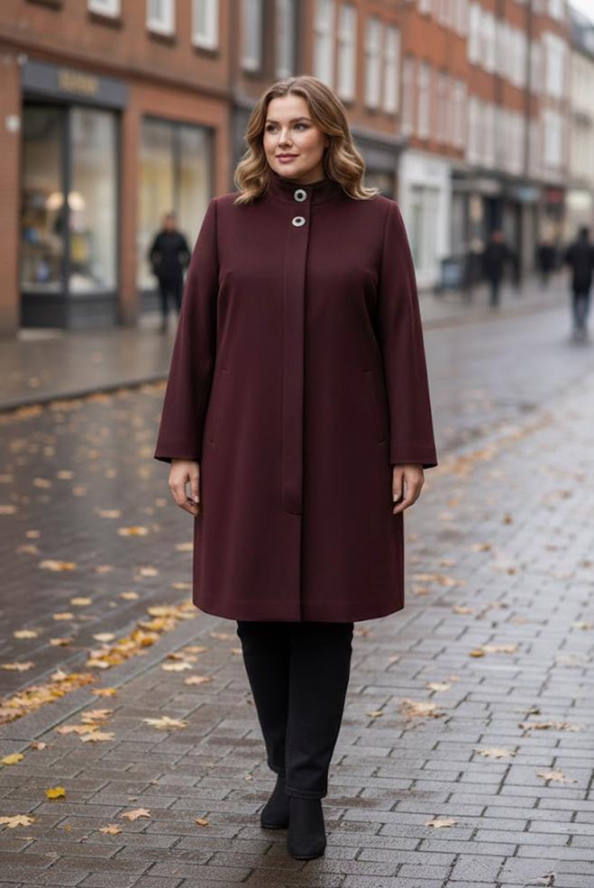 Tesettür giyim BORDO DİK YAKA BÜYÜK BEDEN KABAN 90468 - ALVİNA