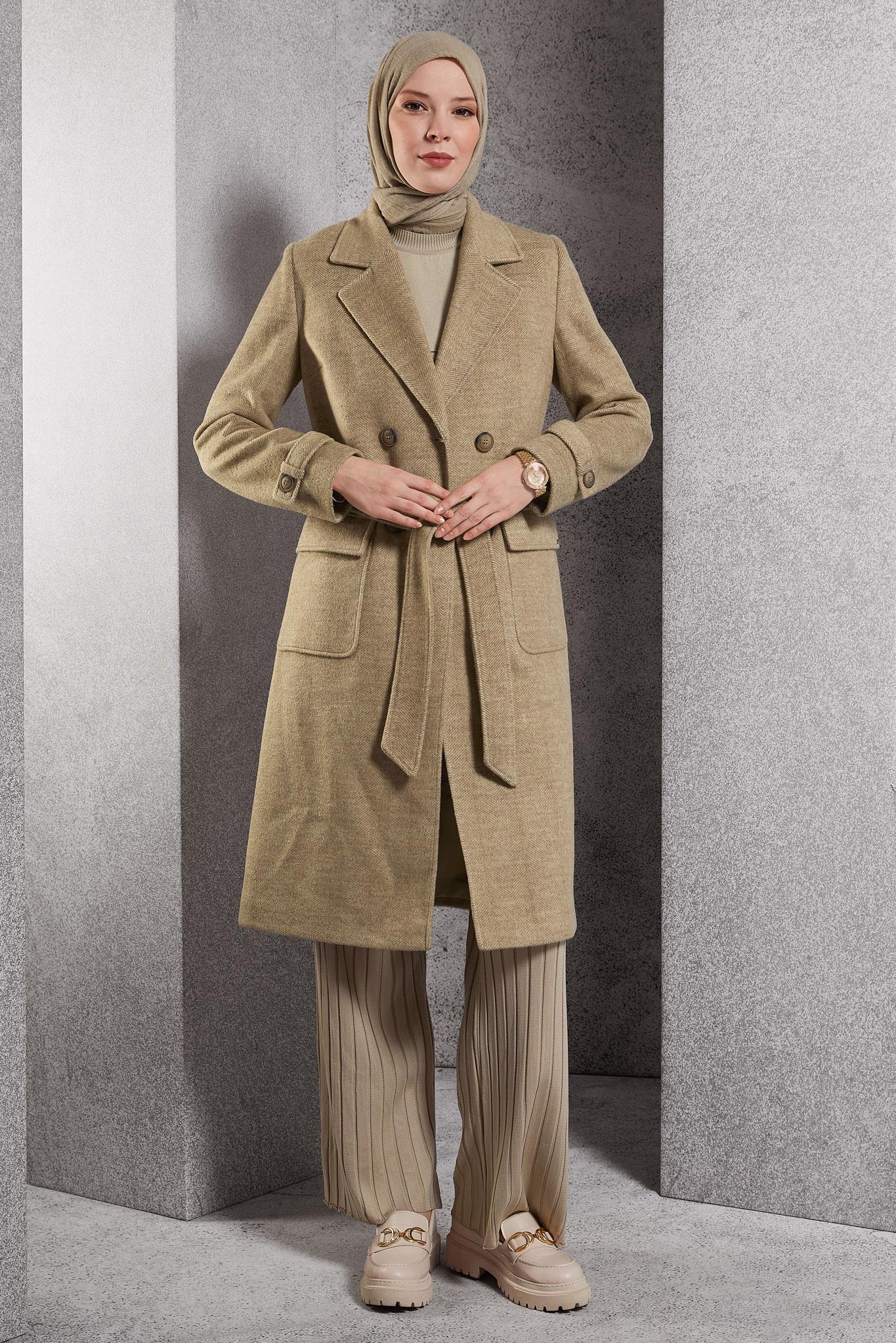 Tesettür giyim VİZON KUŞAKLI KABAN 90470