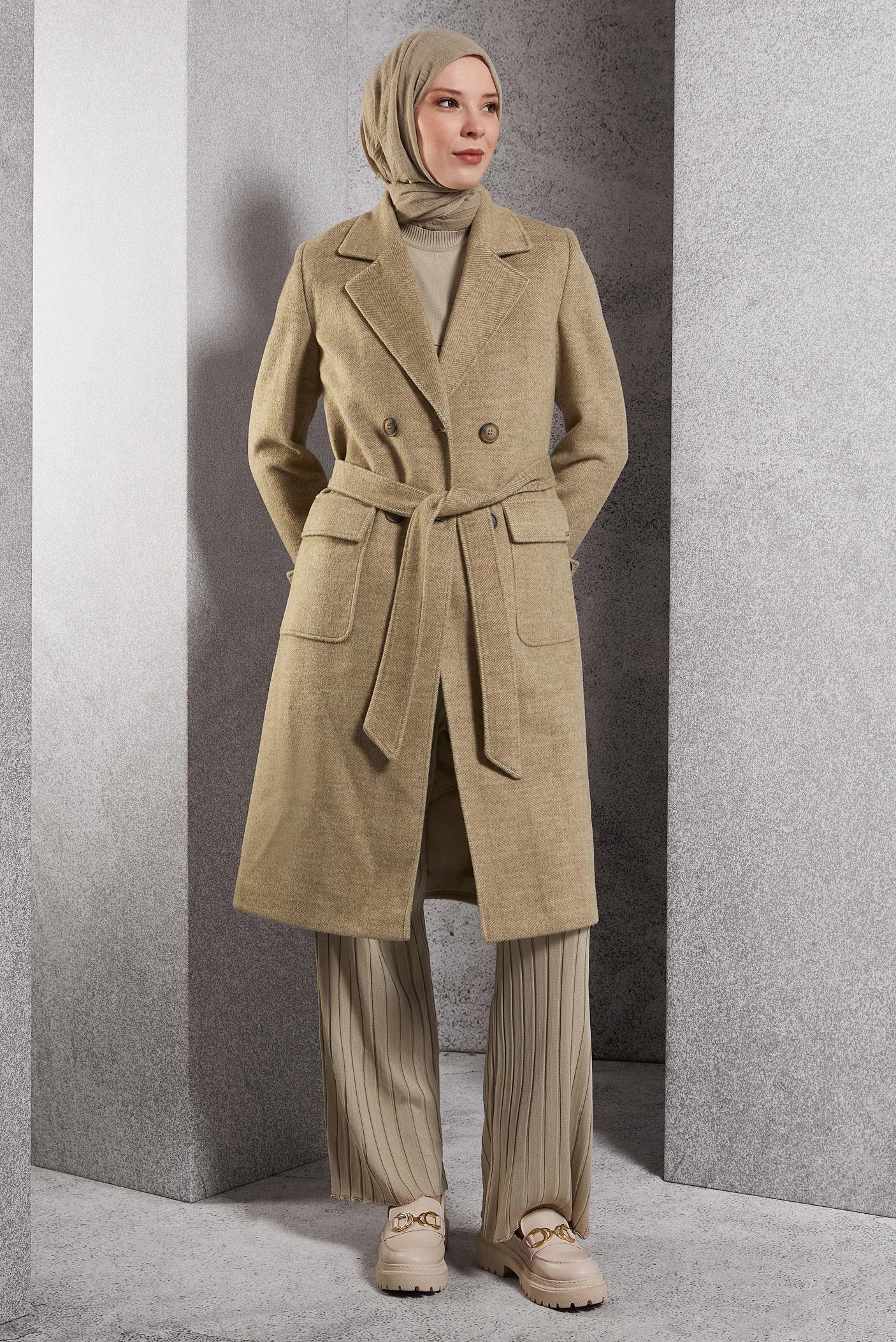 Tesettür giyim VİZON KUŞAKLI KABAN 90470