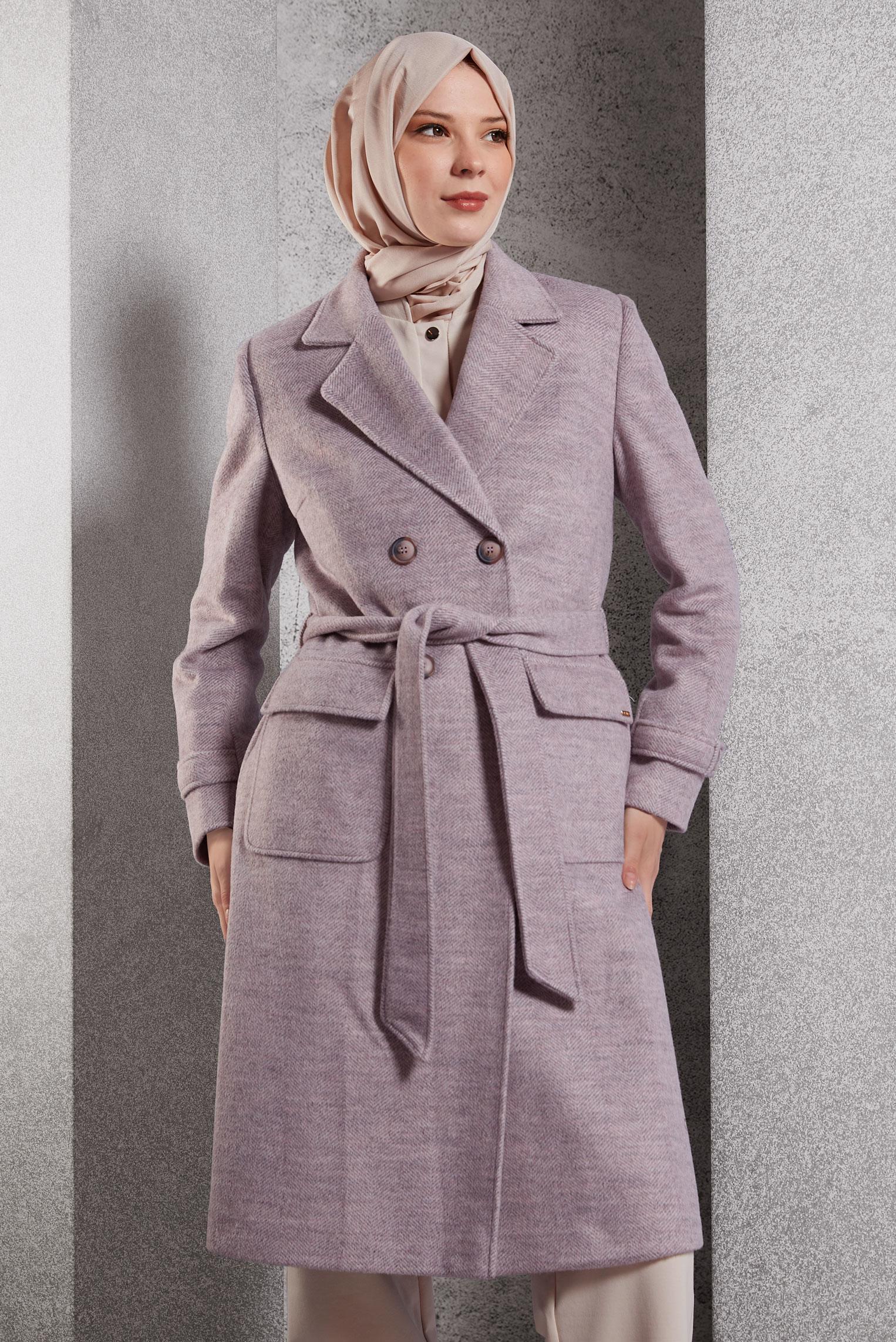 Tesettür giyim MOR KUŞAKLI KABAN 90470