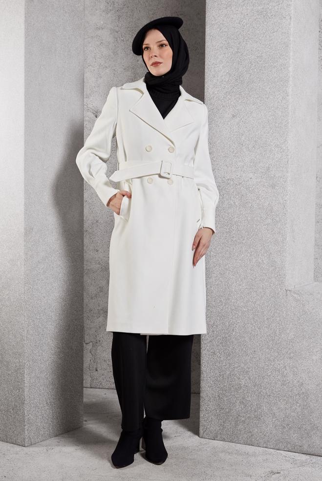Tesettür giyim BEYAZ KEMERLİ KABAN 90471 - ALVİNA