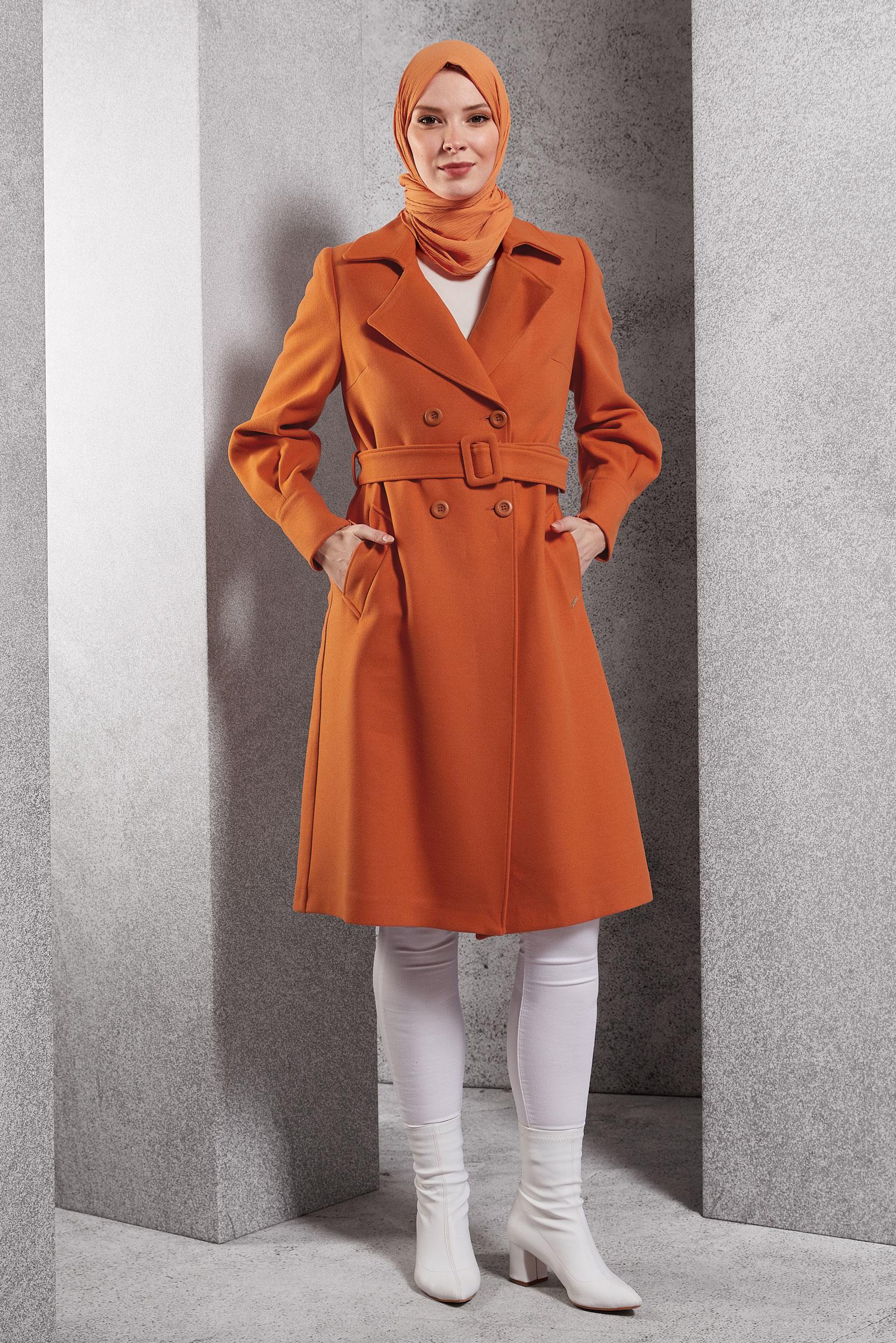 Tesettür giyim TURUNCU KEMERLİ KABAN 90471