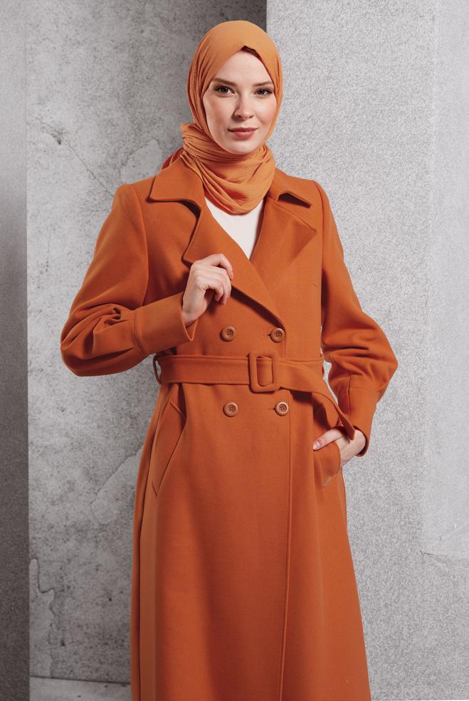 Tesettür giyim TURUNCU KEMERLİ KABAN 90471 - ALVİNA