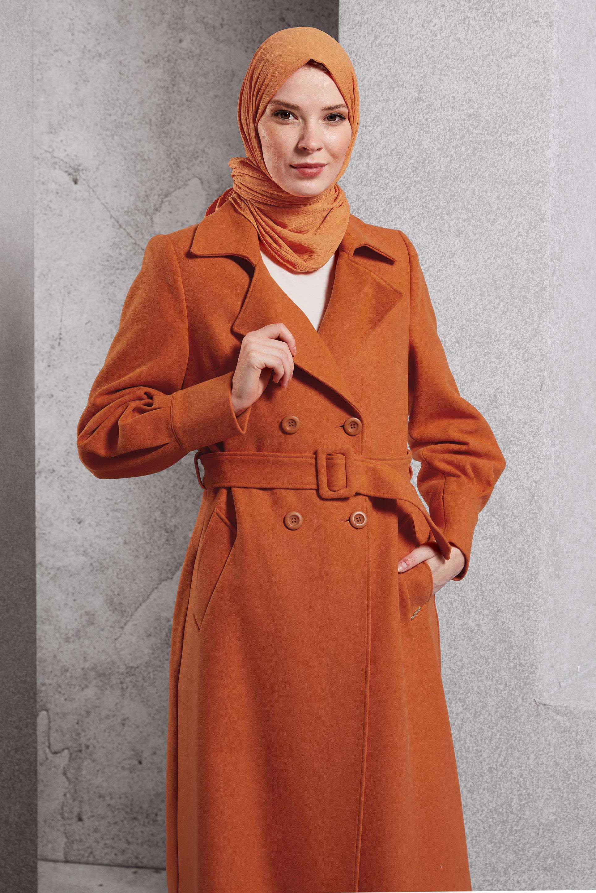 Tesettür giyim TURUNCU KEMERLİ KABAN 90471