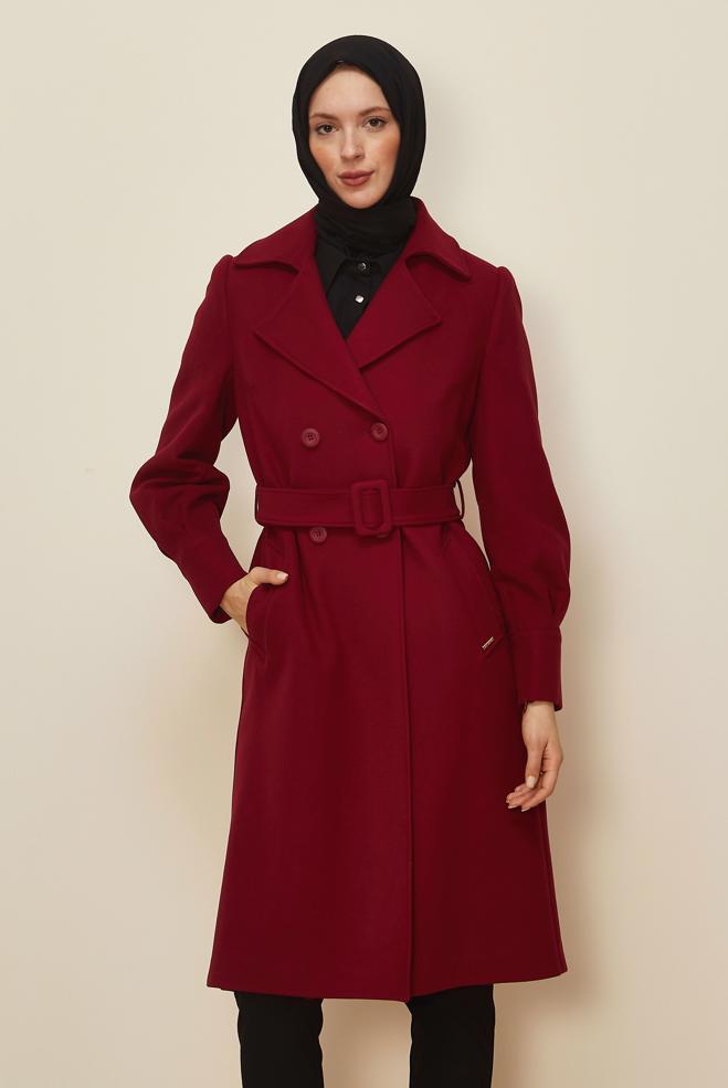 Hijab clothing CLARET RED BELTED COAT 90471 - ALVİNA