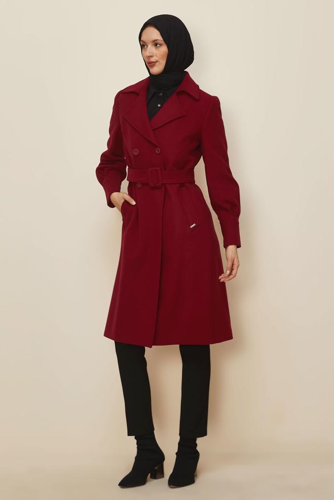 Hijab clothing CLARET RED BELTED COAT 90471 - ALVİNA