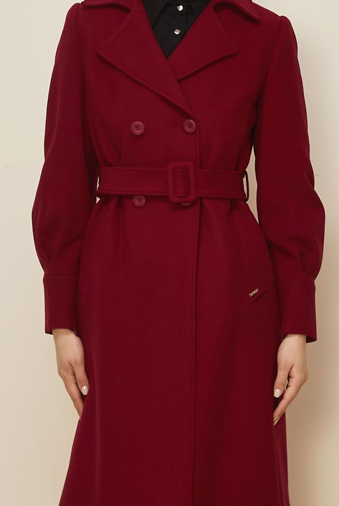 Hijab clothing CLARET RED BELTED COAT 90471 - ALVİNA