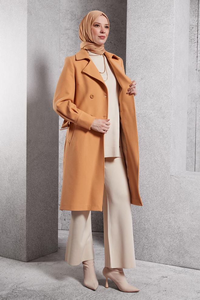 Tesettür giyim KAHVE KEMERLİ KABAN 90471 - ALVİNA