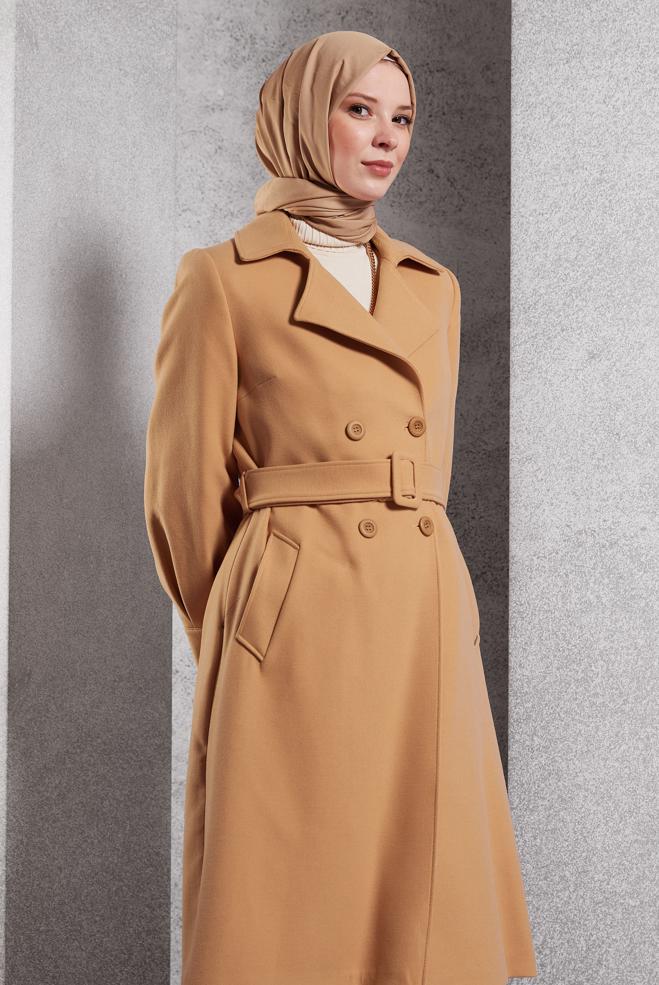 Tesettür giyim KAHVE KEMERLİ KABAN 90471 - ALVİNA