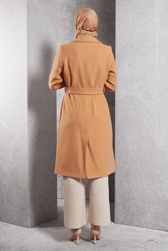 Tesettür giyim KAHVE KEMERLİ KABAN 90471 - ALVİNA