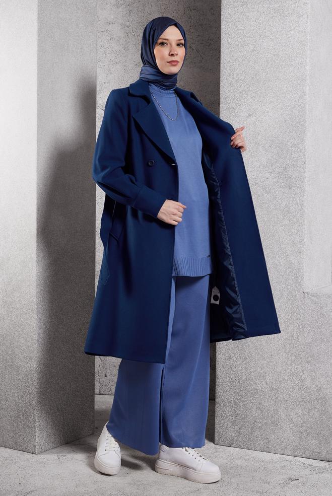 Tesettür giyim MAVİ KEMERLİ KABAN 90471 - ALVİNA