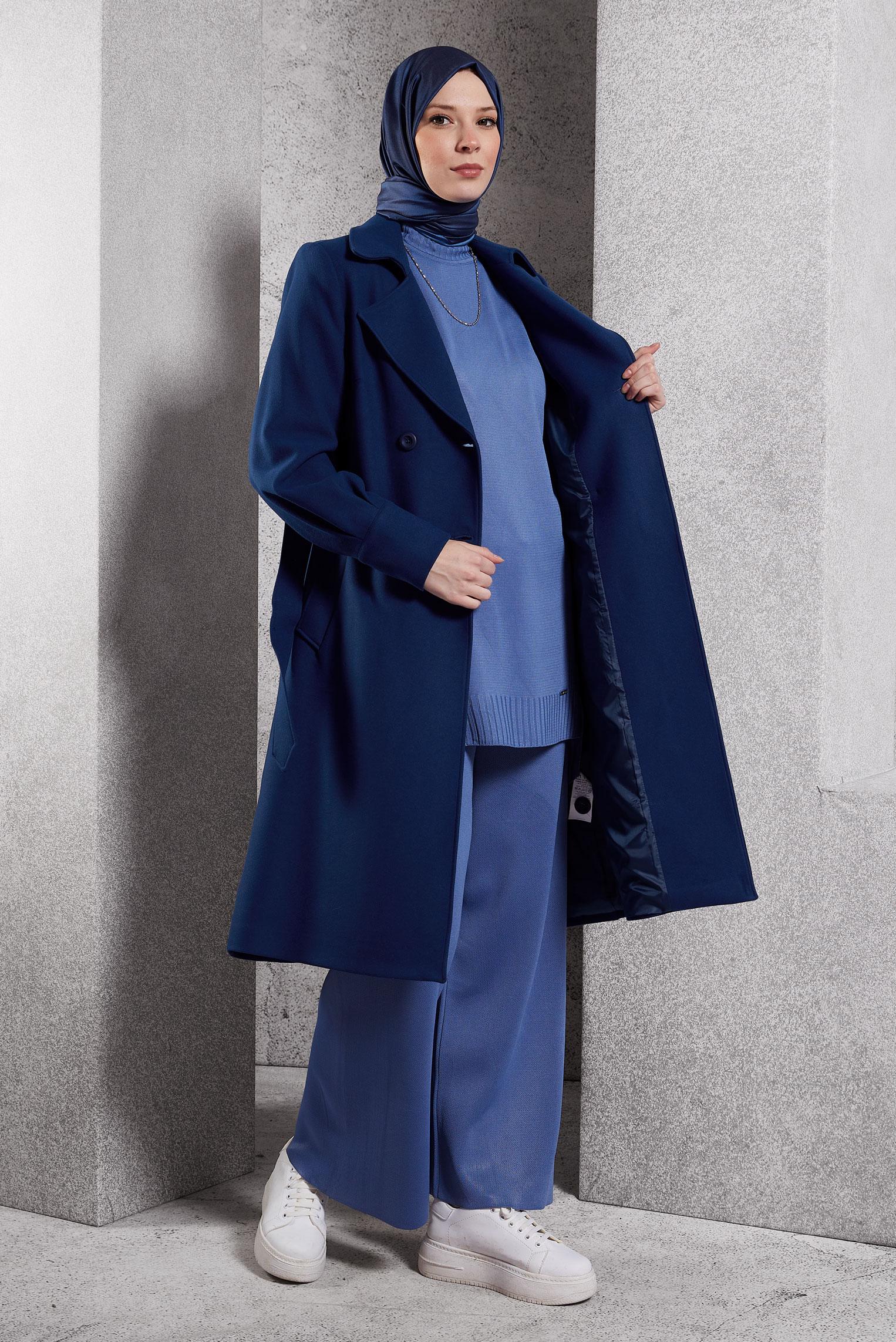 Tesettür giyim MAVİ KEMERLİ KABAN 90471