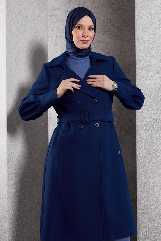 Tesettür giyim MAVİ KEMERLİ KABAN 90471 - ALVİNA