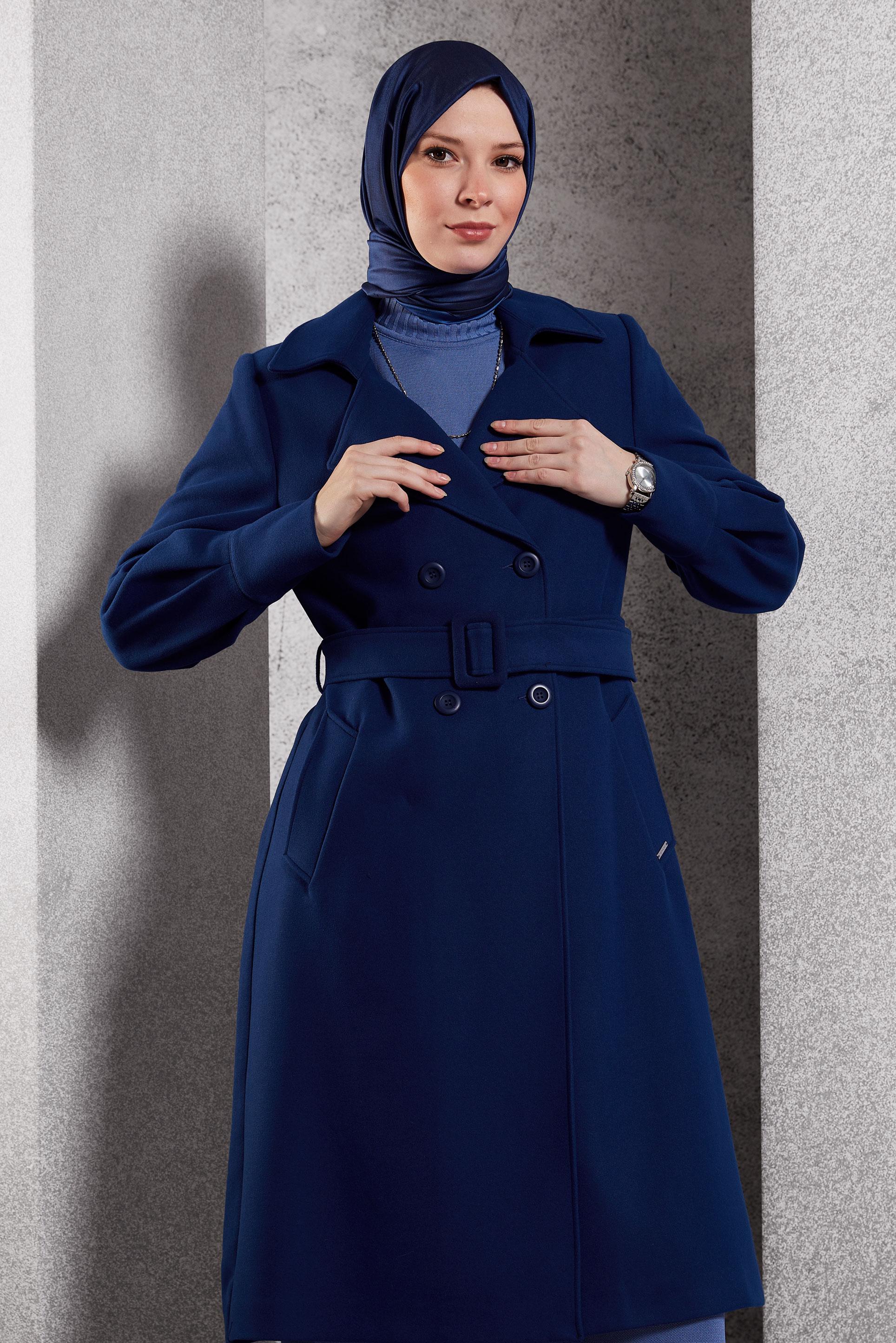 Tesettür giyim MAVİ KEMERLİ KABAN 90471