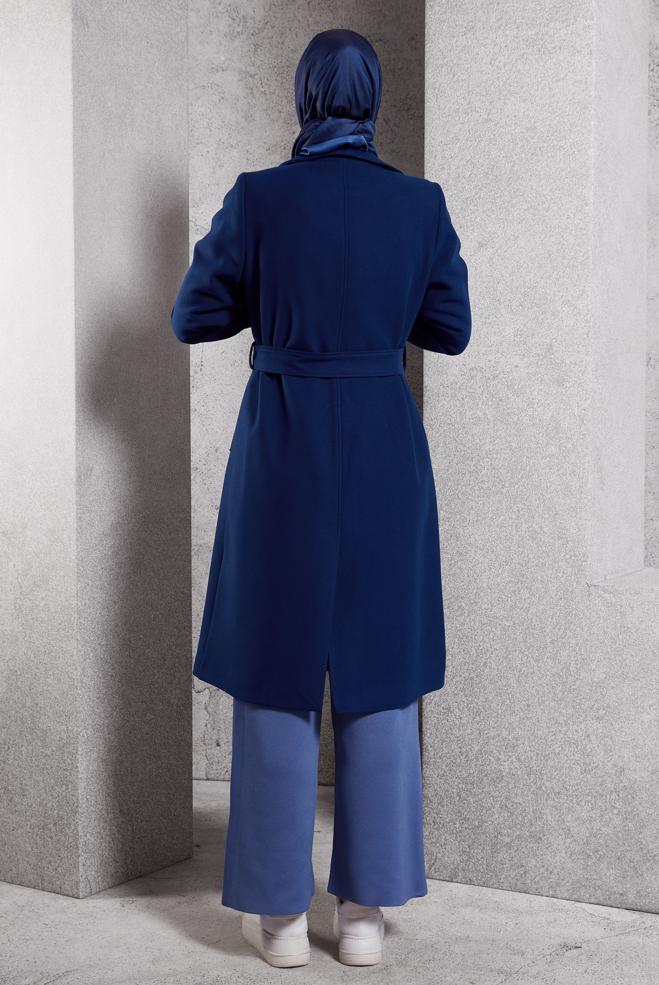 Tesettür giyim MAVİ KEMERLİ KABAN 90471 - ALVİNA