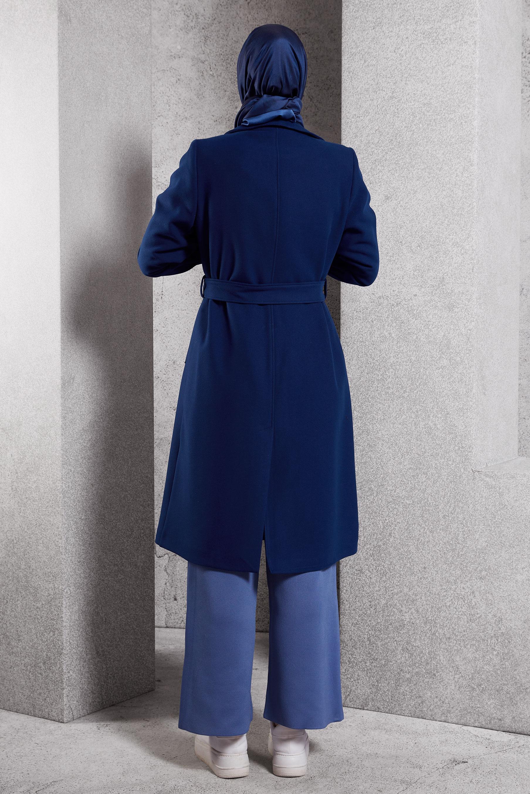 Tesettür giyim MAVİ KEMERLİ KABAN 90471