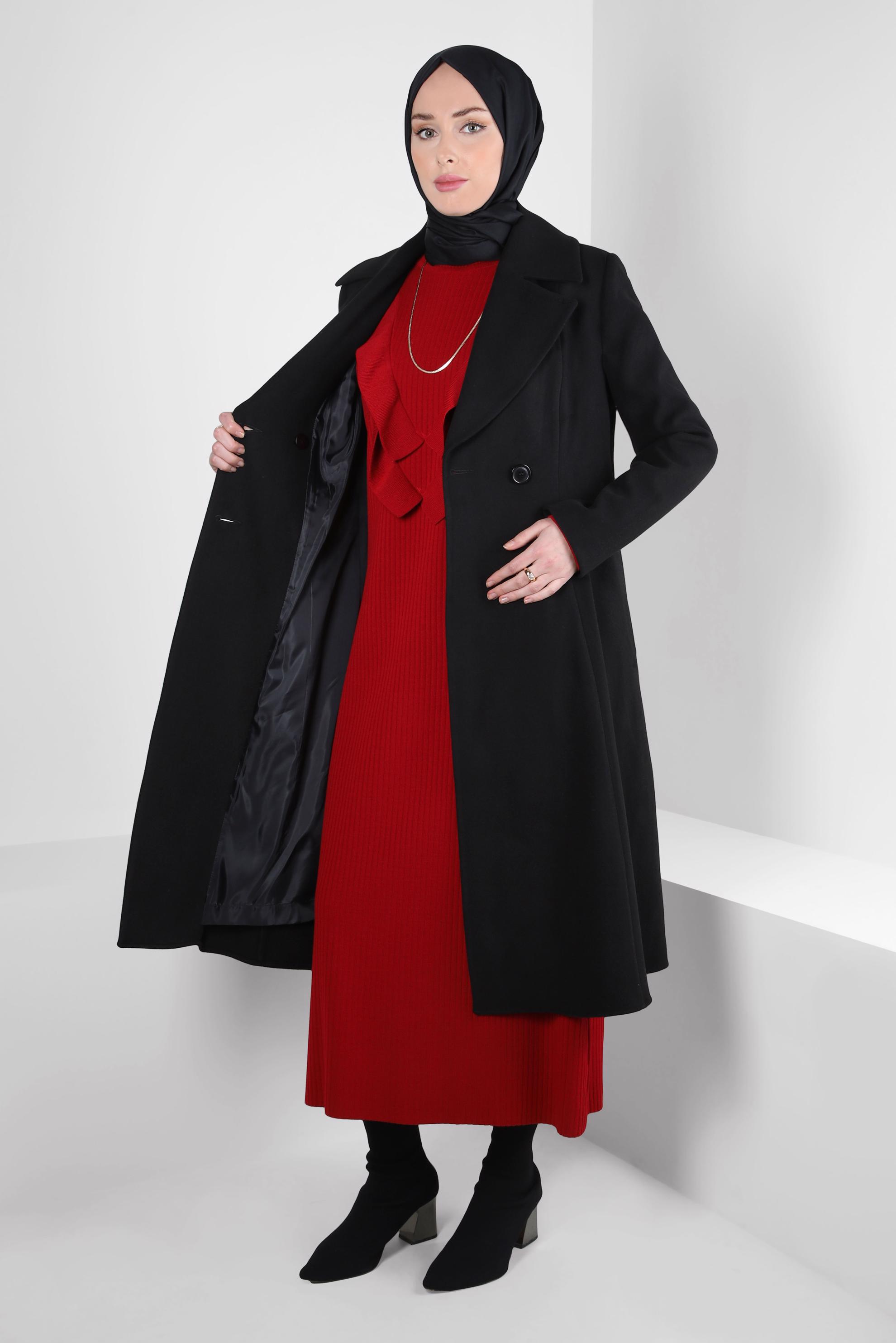 Tesettür giyim SİYAH KRUVAZE YAKA KABAN 90472