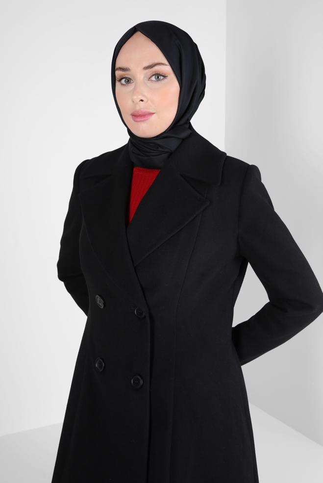 Tesettür giyim SİYAH KRUVAZE YAKA KABAN 90472 - ALVİNA
