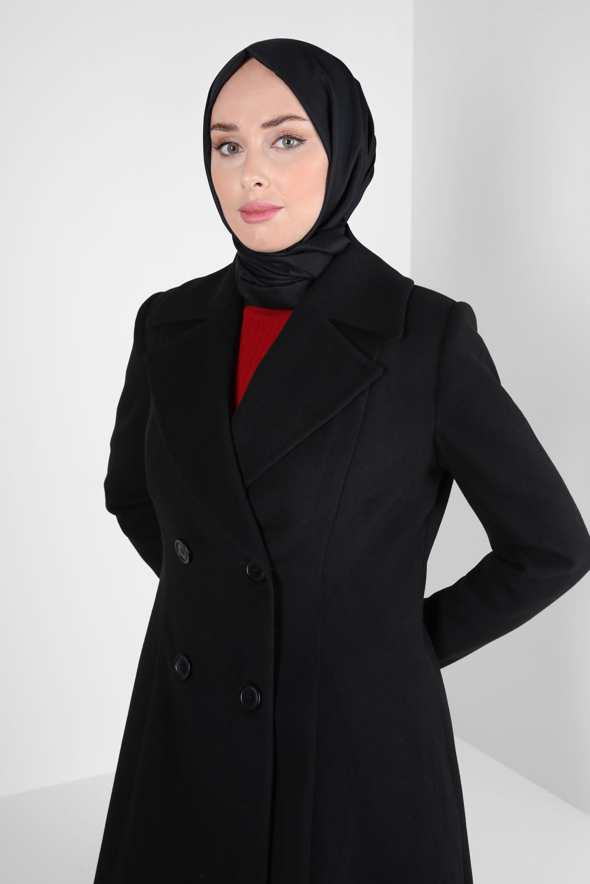 Tesettür giyim SİYAH KRUVAZE YAKA KABAN 90472